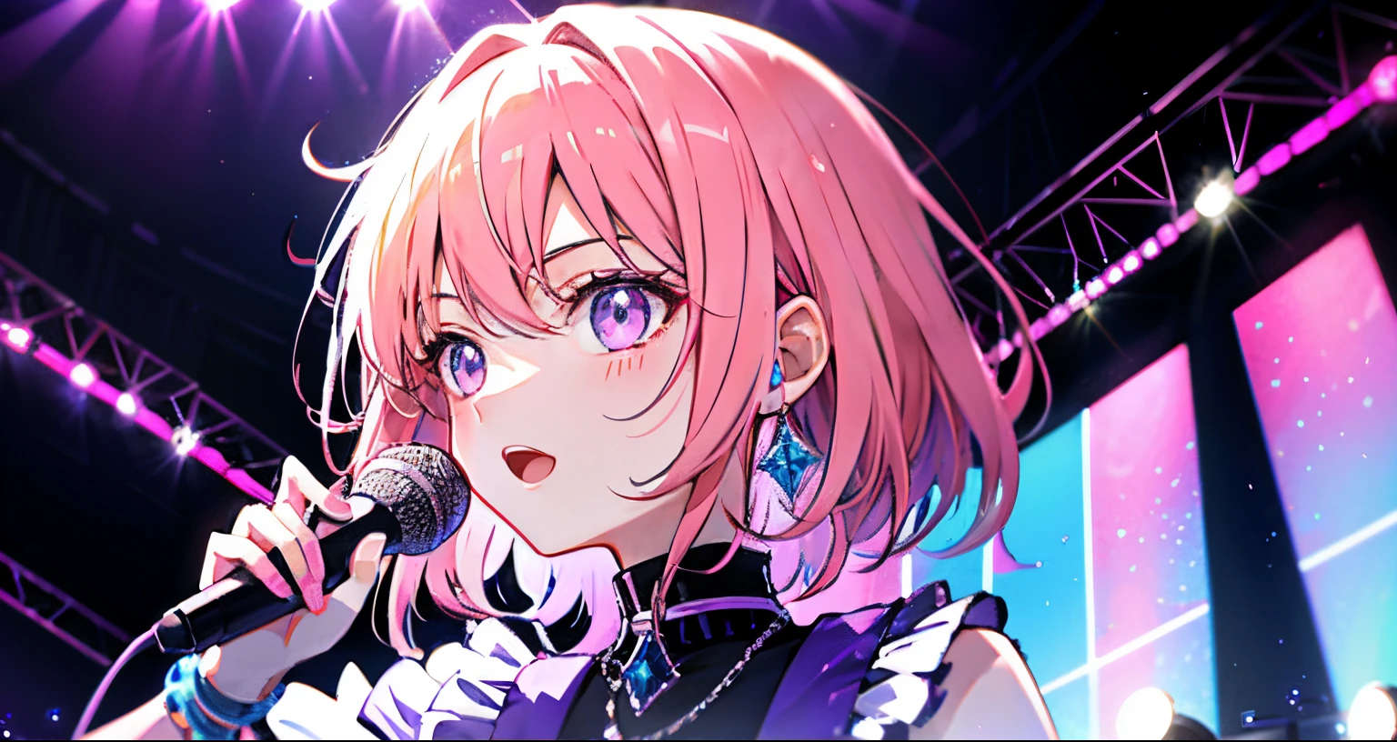 One 2D anime girl bright blonde hair pink eyes under pink spotlight, Neon pink and purple and blue stage decoration, Hold the microphone and sing music, Bejeweled microphone with LED purple-pink light