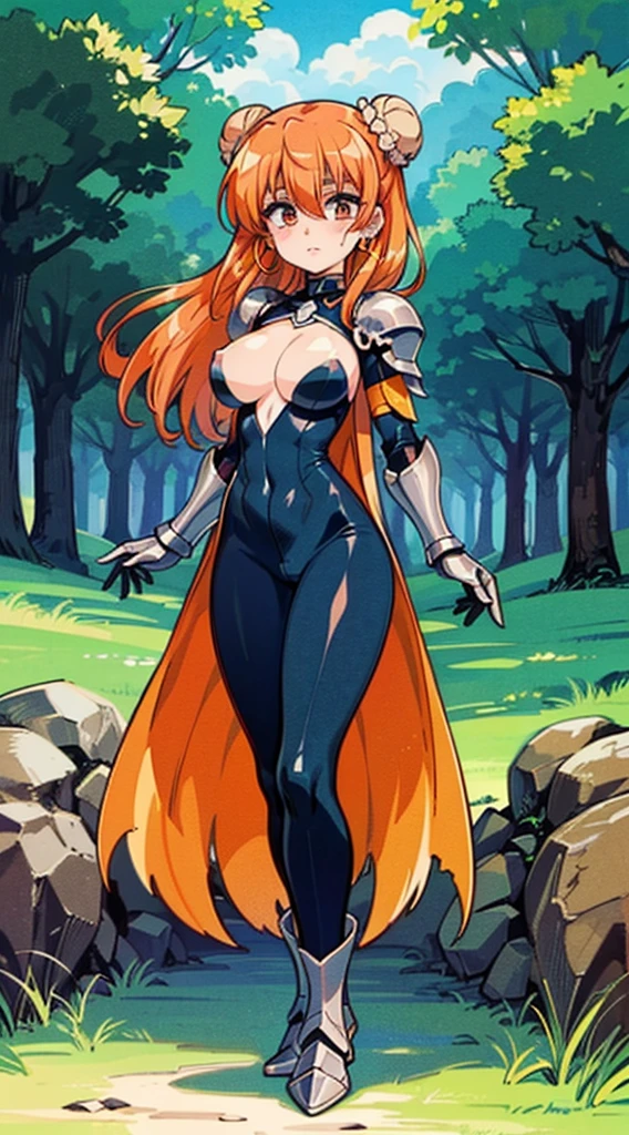 "(masterpiece:1.1), best quality, NSFW, 
1girl, (80s anime style:1.3), (eyelashes:1.5), (****:1.2), 
(intricate high detailed body:1.2), 
orange hair, (hair between eyes:1.1), (long hair, twin bun:1.1), (hair ribbon:1.2), 
red eyes, (lip stick:1.3), (thick eyebrows:1.1), 
(pale skin:1.3), (slim body:1.1), (gigantic breasts:1.1), 
(naughty face:1.2), 
(see-through body suit armor, cleavage cutout:1.2), (pantyhose:1.2), 
(knight armor, armored boots:1.2), (earrings:1.1), gloves, 
standing, 
(full body:0.8), (looking at viewer, from front:1.1),
(daytime, grassland, outdoors:1.2)"