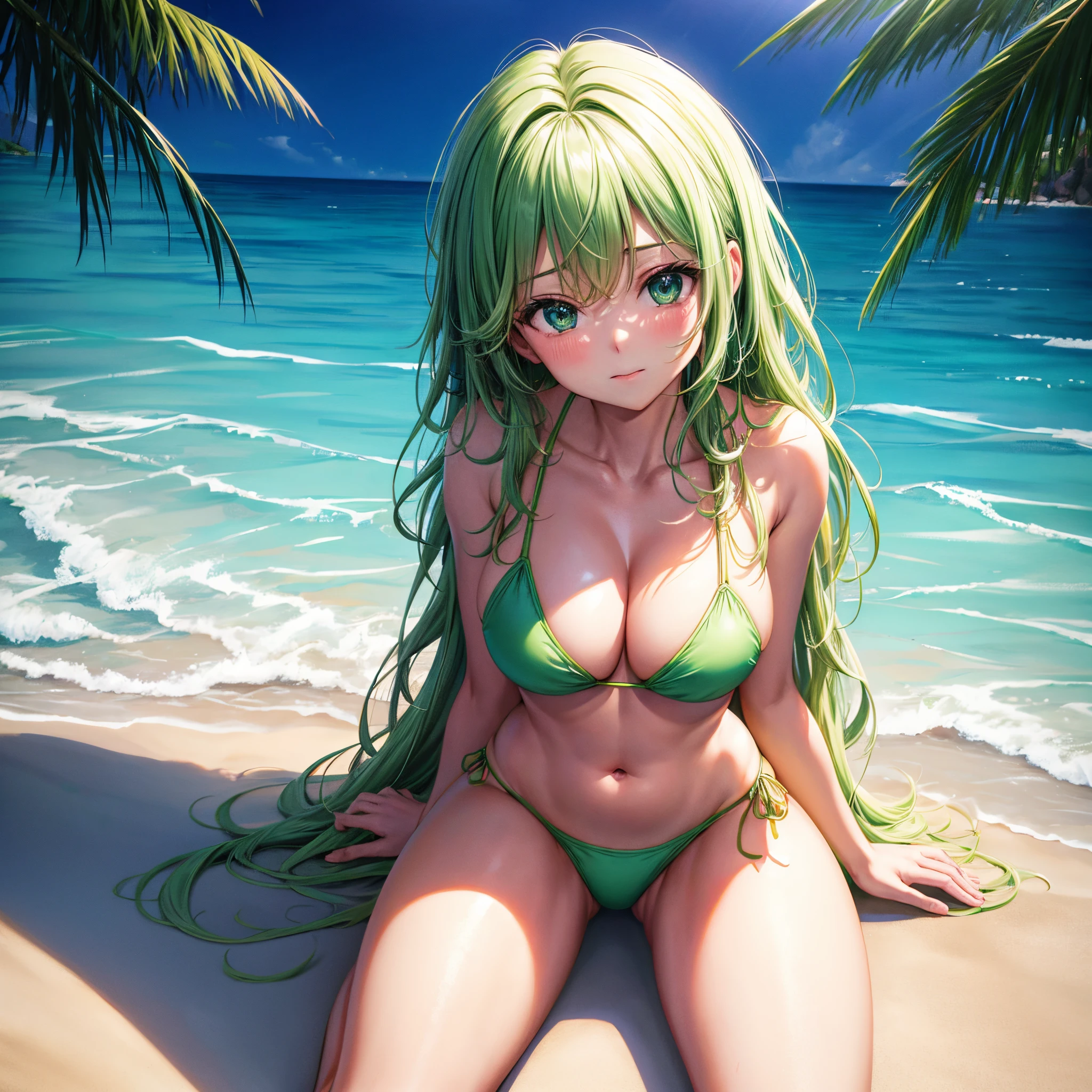lighting like a movie、top-quality、Shy face、Medium chest、Sitting on the beach、Glowing green bikini、in 8K、(thighs thighs thighs thighs:1.5)、