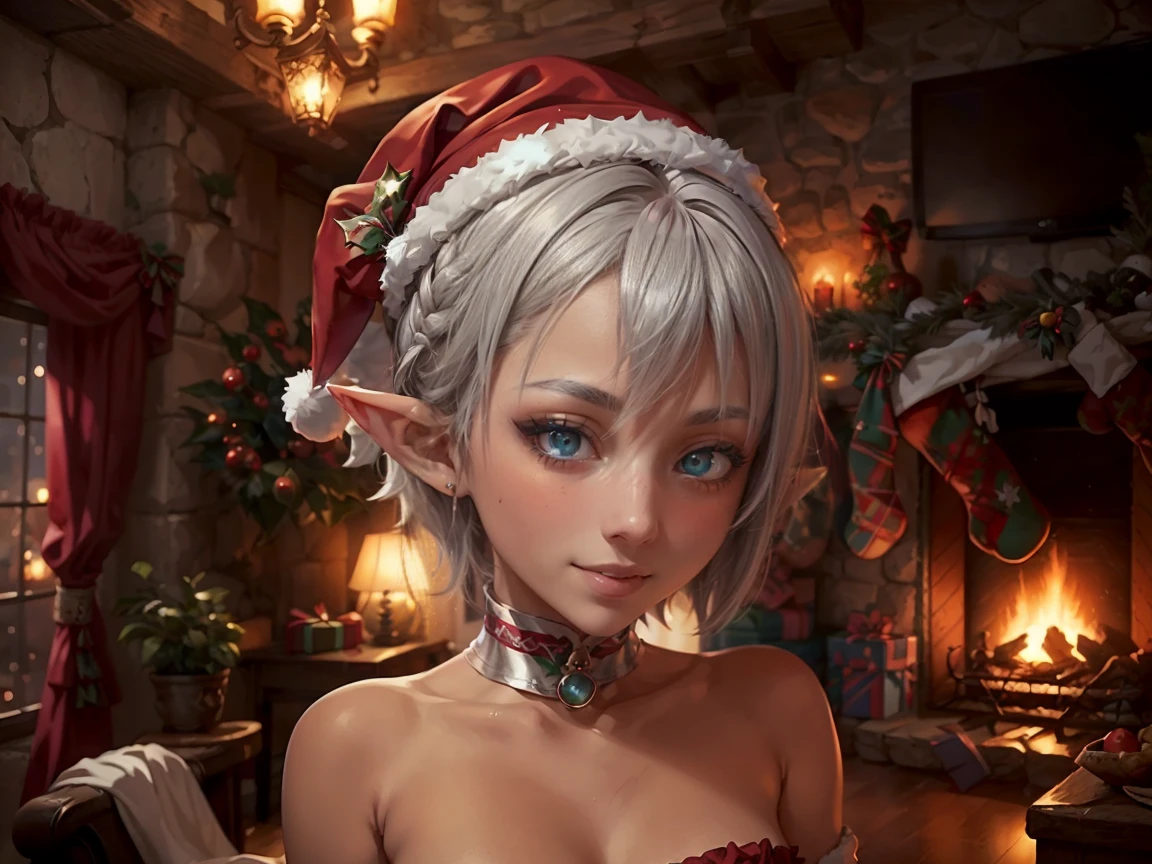 (master piece: 1.1), 1girl******, mature, emphasis on face, detailed face, (high detailed eyes), lined eyes, (pointy ears, eyes have a bright silver), (dark skin), tan, dark skin, shy face, (blushing face), anime character, smiling, Elf, (christmas costume), christmas clothes, wearing red hat on his head, short and dynamic hair, best quality environment, beautiful enviroment, (a living room with christmas theme), landscape, close view, Cinematic lighting, retinas, Masterpiece, High details,