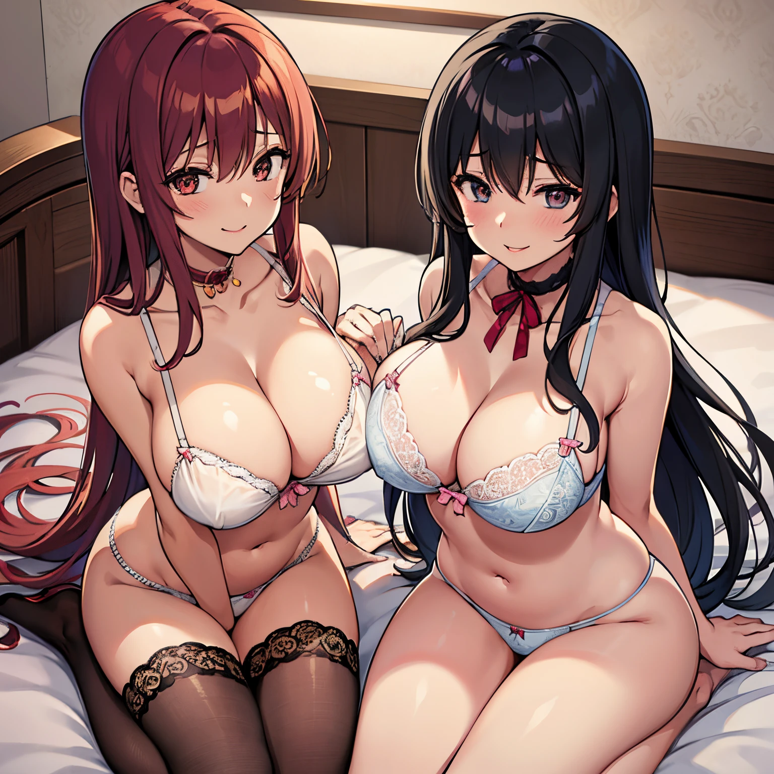 (Best Illustration, masutepiece) Bed in the bedroom 5Futanari married women A large amount of messy bras Four married women gang-bang a married woman on the bed See-through micro underwear Lace micro underwear Open bra Crotchless panties Covered in semen Married women excited by rape Lesbian Nasty smile
