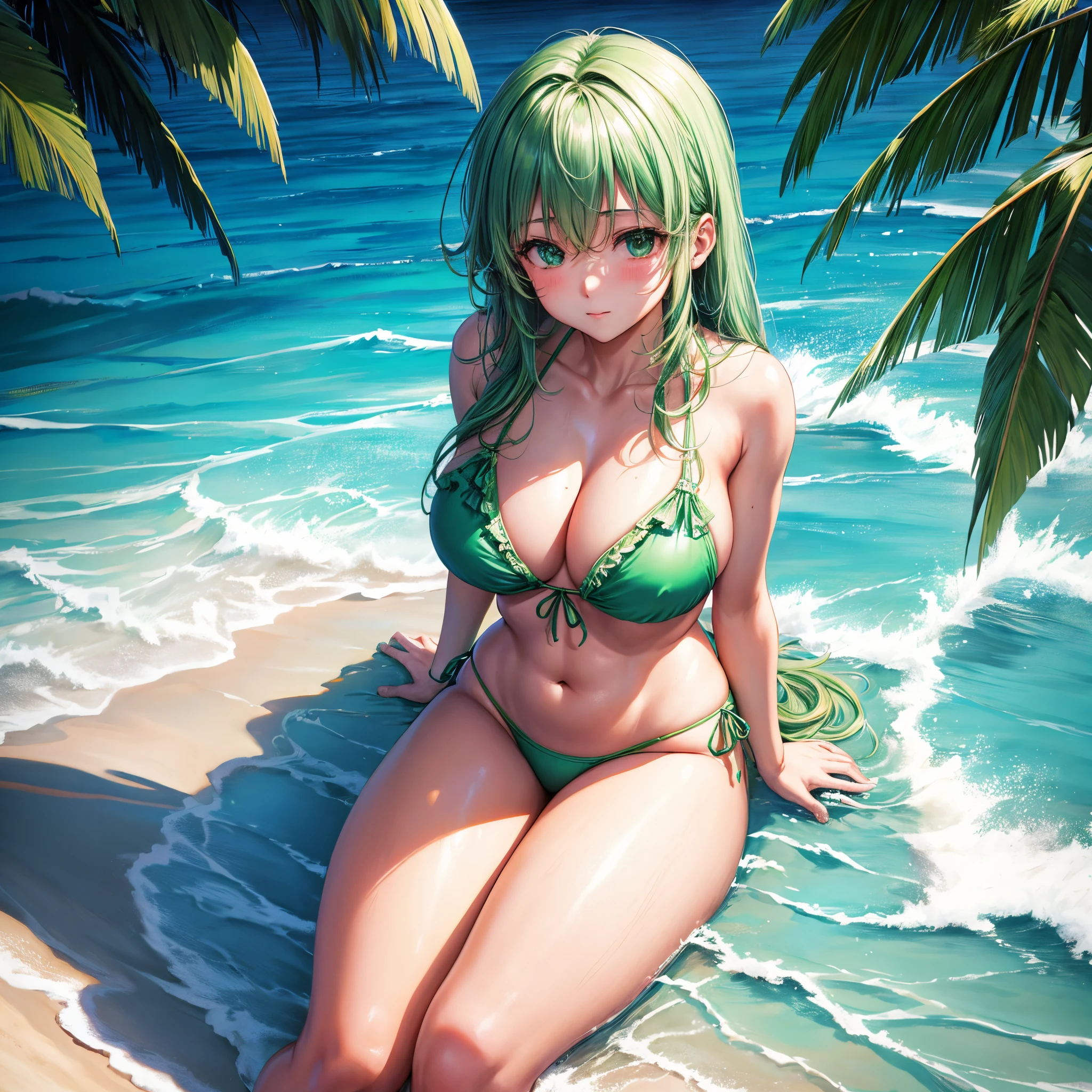 lighting like a movie、top-quality、Shy face、Medium chest、Sitting on the beach、Glowing green bikini、in 8K、(thighs thighs thighs thighs:1.5)、