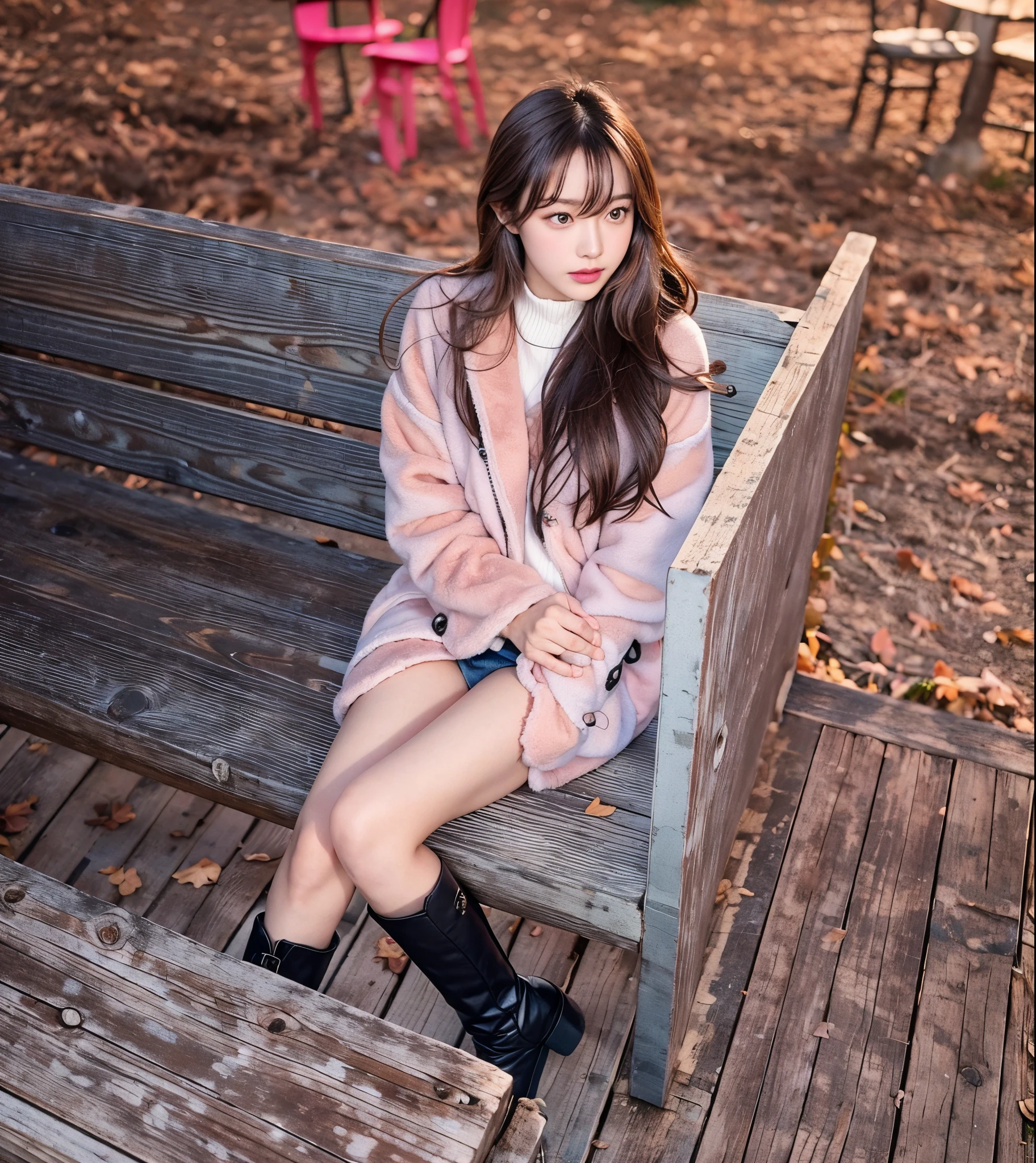 sitting on the bench,Looking somewhere,brown long hair,pink fleece coat,black boots