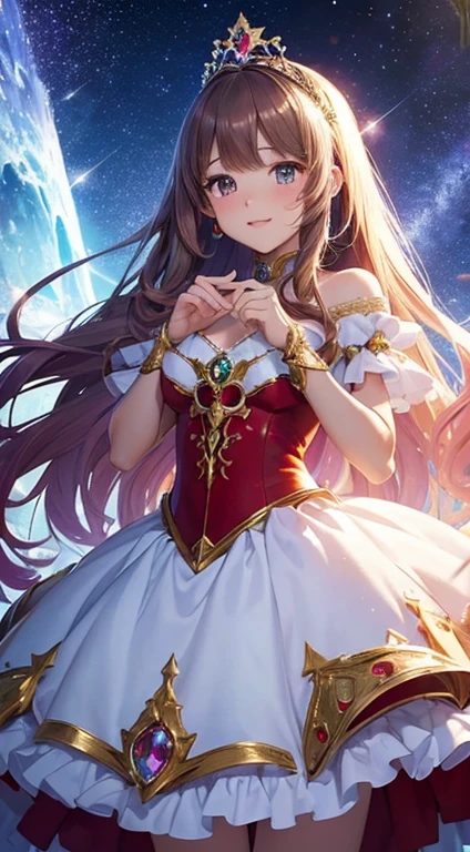 (top-quality、hight resolution、masterpiece)、(Photorealsitic)、(David Hamilton Style)、(softfocus)、Cinema Angle、ciinematic light、softlight、raytrace、(Land of Gems)、(Adorable Gem Princess、age19、Medium chest、)、(The majesty of the princess)、(Affectionate gaze)、(Detailed Vintage Portraits)、 Perfect face、Beautiful hairstyles、(ruby tiara)、 Detailed eyes, (Anatomically accurate hands and fingers)、Gorgeous Gem Outfits, (Christmas costume with delicate red and white design)、Crystal Brilliance、Luminous Gemstones、The brilliance of multicolored gemstones、fairytale、 Alice in Wonderland、jugendstil、colorful flower、The brilliance of the gemstone fills the space like a star、Background of sparkling water droplets dancing in the air、Unrealistic background、blured background、 ((Sparkling dazzling lighting)), (Luminous),meteors, Stars, milkyway, Starcloud,