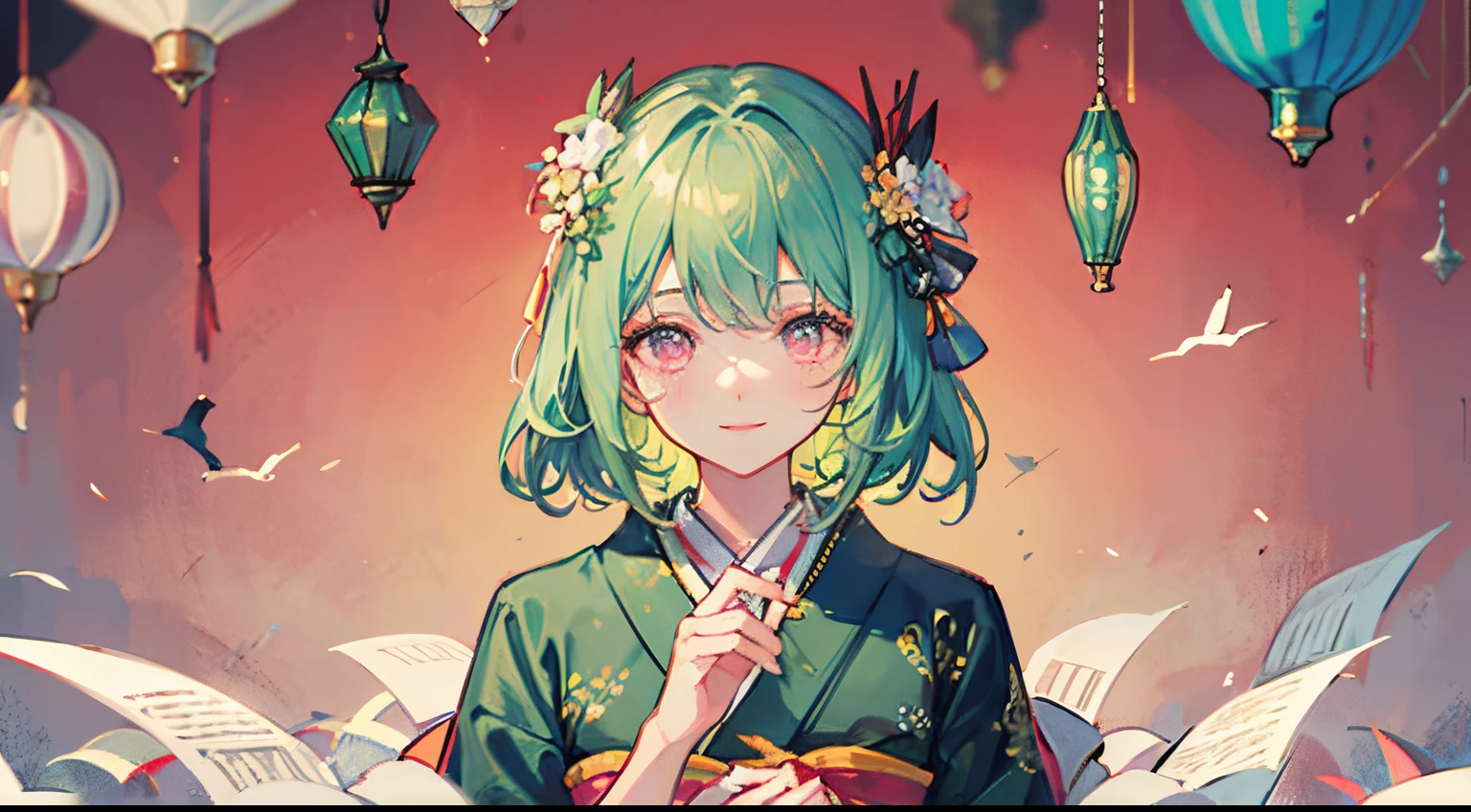 green colored hair,A smile,Gentle,Pink eyes,Paper Hair Ornament,Paper cranes,hold origami,Upper body image,Kimono,Medium Hair,sitting on,natta