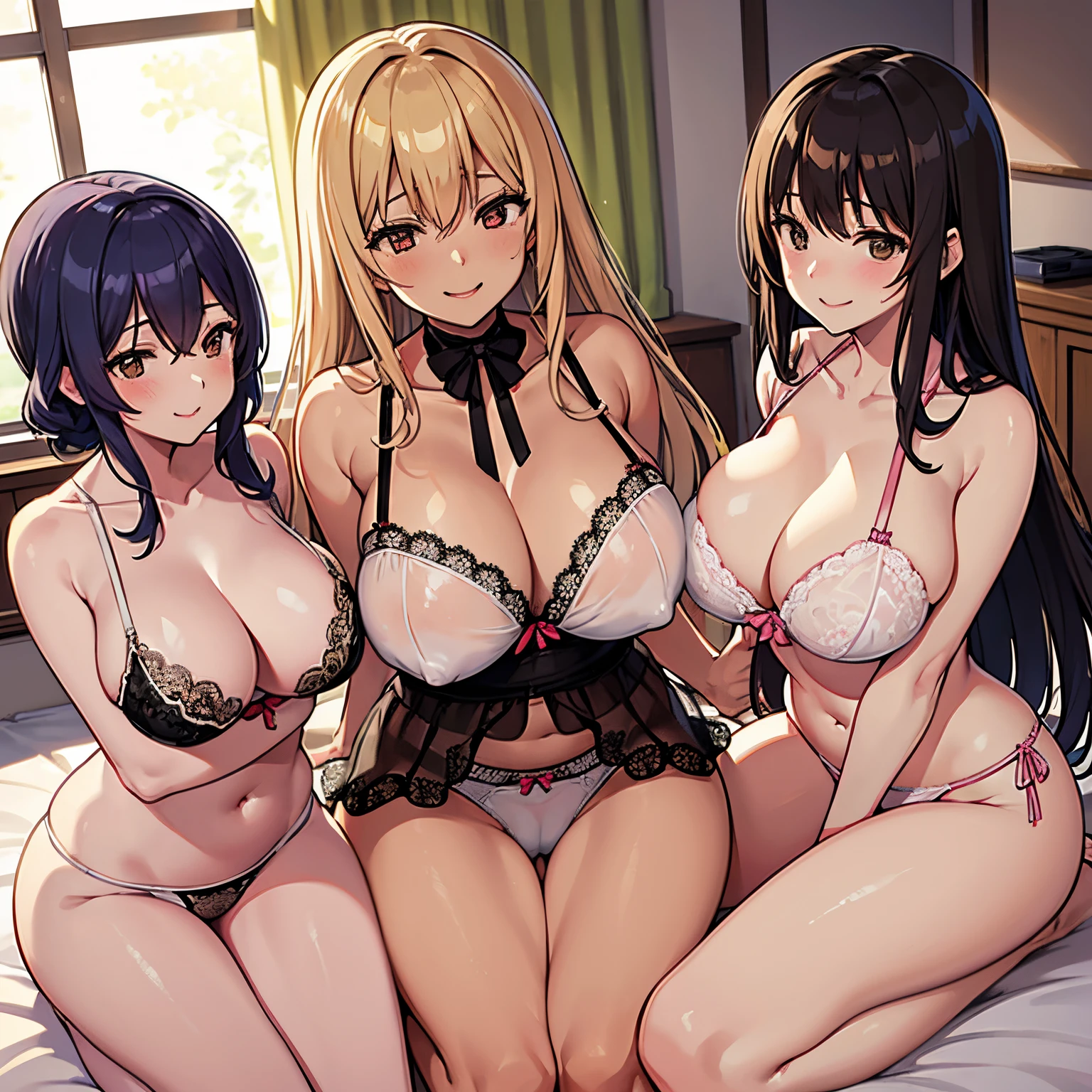(Best Illustration, masutepiece) Bed in the bedroom 5Futanari married women A large amount of messy bras Four married women gang-bang a married woman on the bed See-through micro underwear Lace micro underwear Open bra Crotchless panties Covered in semen Married women excited by rape Lesbian Nasty smile
