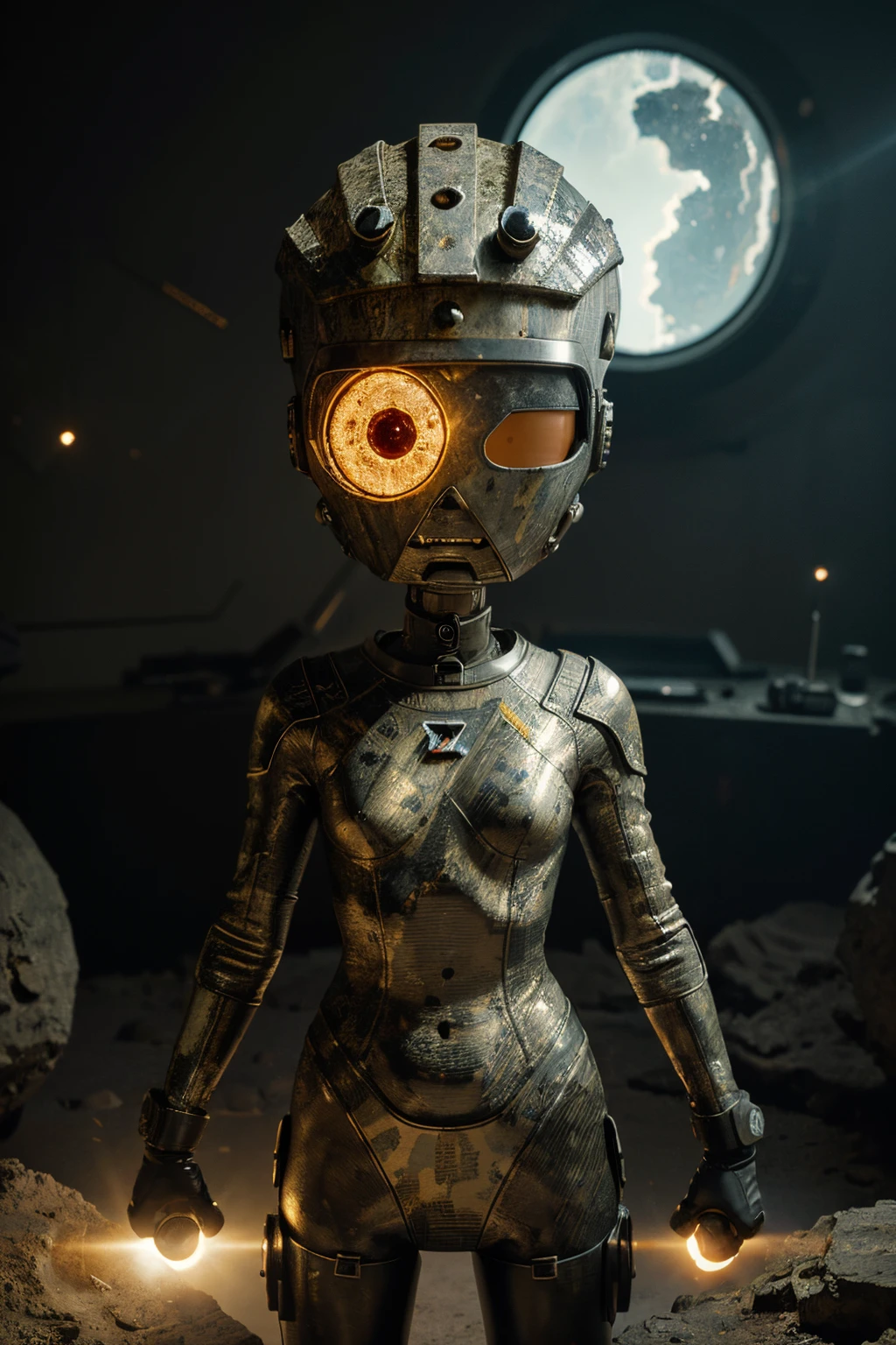 A toon Crazy whit a Big ONE a Only Eye Robot CCCP Soviet, and helmet Style, tongs in hands, Tv head, pinhead, camouflage Gold Silver Pink Rusty, Ambient in a meteorite crater super detailed, center, beautiful, soft lighting, focused on the character, 4K resolution, photorealistic rendering,