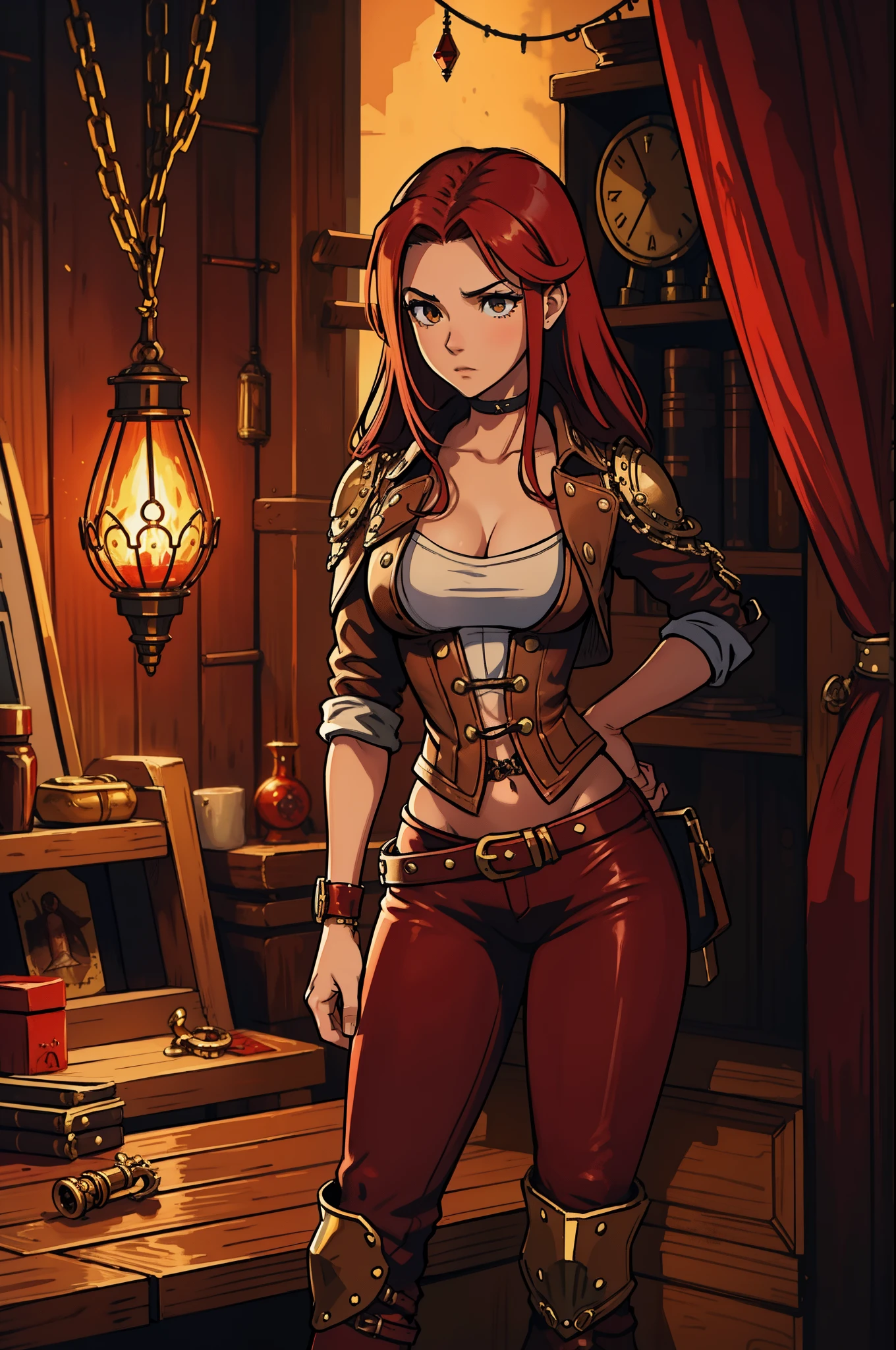 Erza Scarlet is one of the main characters in the series. The young woman with scarlet hair and brown eyes is described by Lucy Heartfilia herself as an amazing woman, very strict and who does not admit when others make mistakes. She is a slender figure with well-drawn curves. Seu traje mais comum consiste em un espartilho feito sob medida, A pair of red pants, Botas pretas e brincos em forma de diamante, in high resolution, circunstanciado, uma arte para um Jogo de rpg ((melhor qualidade)) ((olhos bonitos)) ((Steampunk)) ((sozinho))