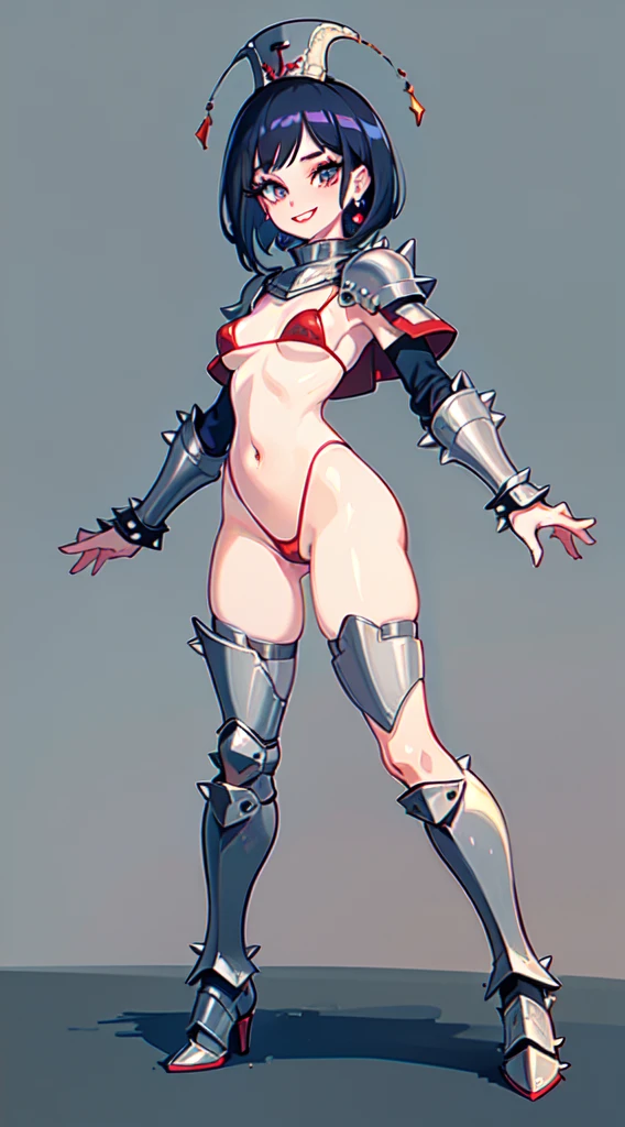 "(masterpiece:1.1), best quality, NSFW,
1girl, (80s anime style:1.3), (eyelashes:1.5), (:1.2),
(intricate high detailed body:1.2),
black hair, (forehead:1.1), (short hair:1.1), (holy hat:1.2),
red eyes, (red lip stick:1.3),
(curvy body:1.1), (small brea),
(grin:1.2),
(high cut bikini armor, corset:1.2),
(spiked knight armor, armored boots, capelet:1.2), (suspenders:1.1), (earrings:1.1), sleeve,
standing, arms behind back,
(dynamic pose:1.1), (full body, looking at viewer, from front:1.1),
(simple white background:1.2)"