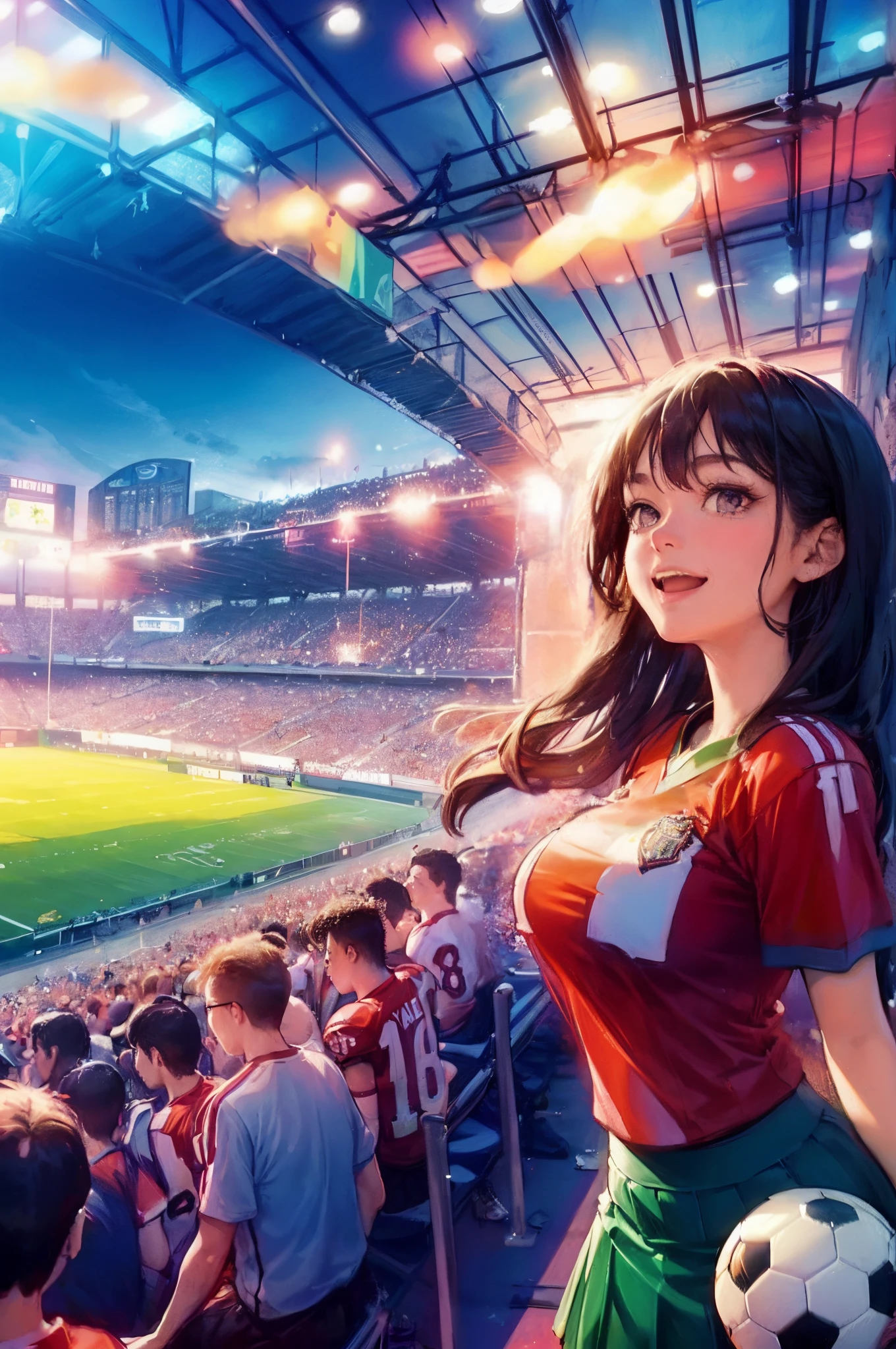 1lady solo, watching football game, facing away, mature female, /(football shirt pleated skirt/), /(black hair/) bangs, happy expression, (masterpiece best quality:1.2) ultra-detailed, large breasts BREAK /(football stadium indoors/), audience