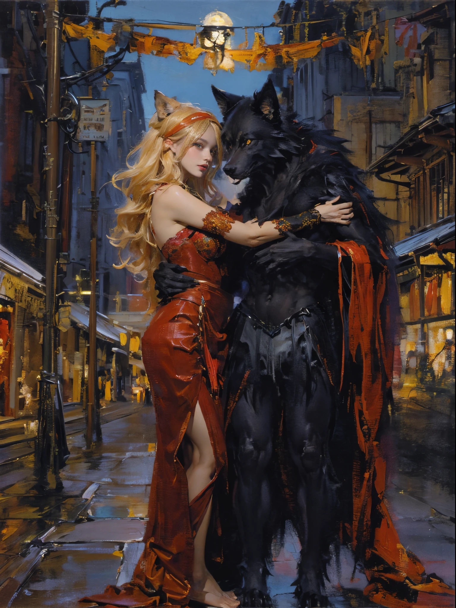 Depicts a powerful werewolf hugging a blonde girl，(((black humanoid wolf)))，(((Black furry humanoid wolf)))，(((beautiful sexy girl)))，(((Girls wear：red head band, cloaks, Large bra, a skirt, red long skirt，laced dress)))，((Sexual suggestiveness))，Correct anatomy，Detailed faces, 詳細な目，(((the right proportions)))，The city at night，The lights came on，(post impressionist),(Fechin Oil Painting - Fechin Oil Painting , oil painted), 02