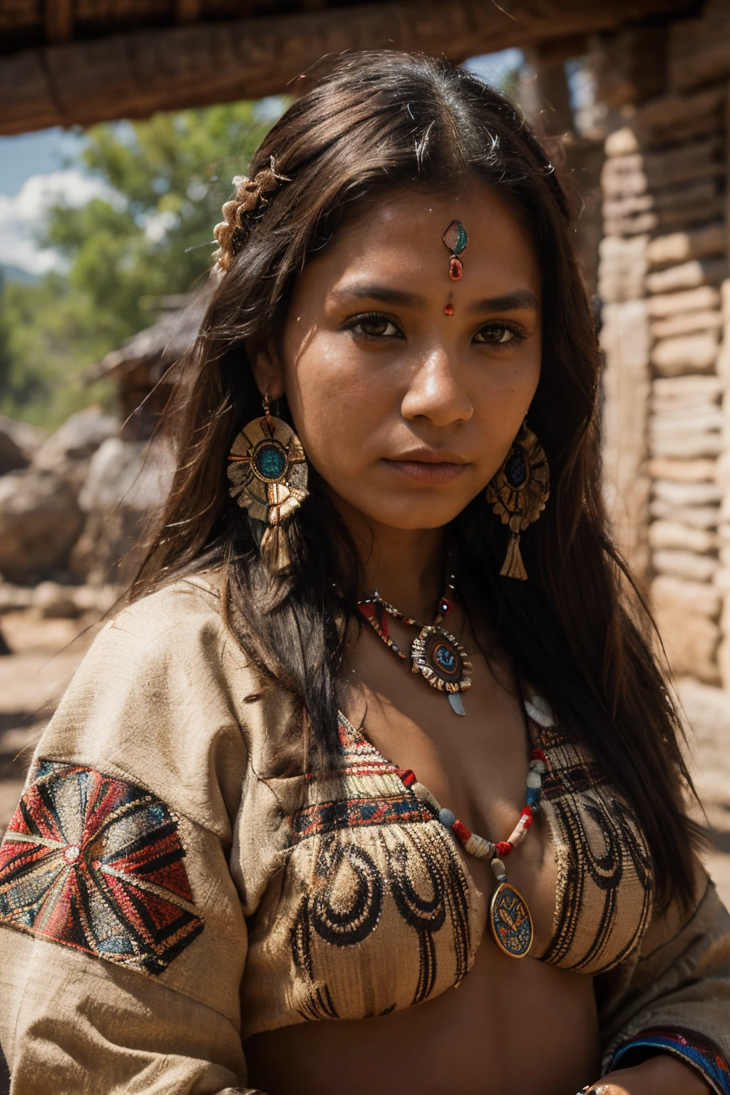 8k, highest quality, ultra details, indigenous woman, traditional attire, adorned with cultural symbols, expressive eyes, proud and resilient spirit, deep-rooted connection to her heritage