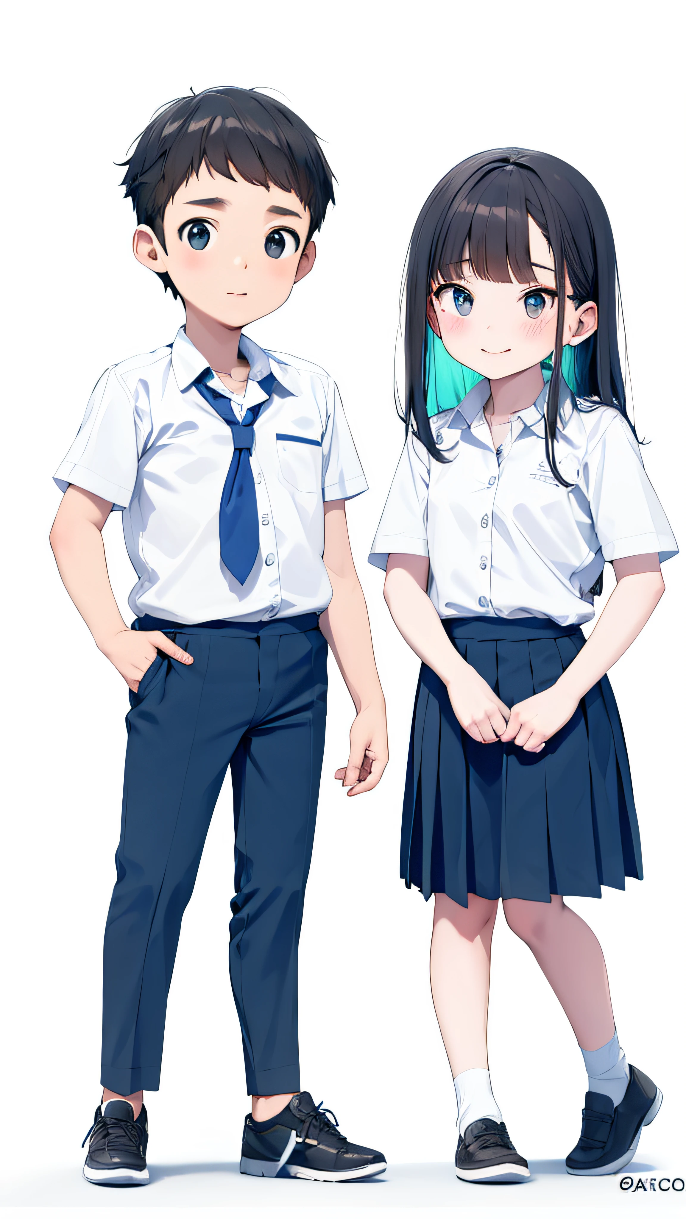 1 menino e 1 menina de desenho animado em uniformes escolares, um ao lado do outro, usando uniforme escolar, usando uniforme escolar, Uniforme JK, Uniforme escolar, wearing japanese school uniform, uniforme azul escuro, camisa de gola azul bem claro, Japanese school uniform, magical school student uniform, 1 menino e 1 menina de uniforme, uniformes coloridos, fundo uniforme, masculino e feminino, Seifuku, magic school uniform, estilo de arte vetorial, vetor, well-defined lines and contours, plano de fundo branco simples,