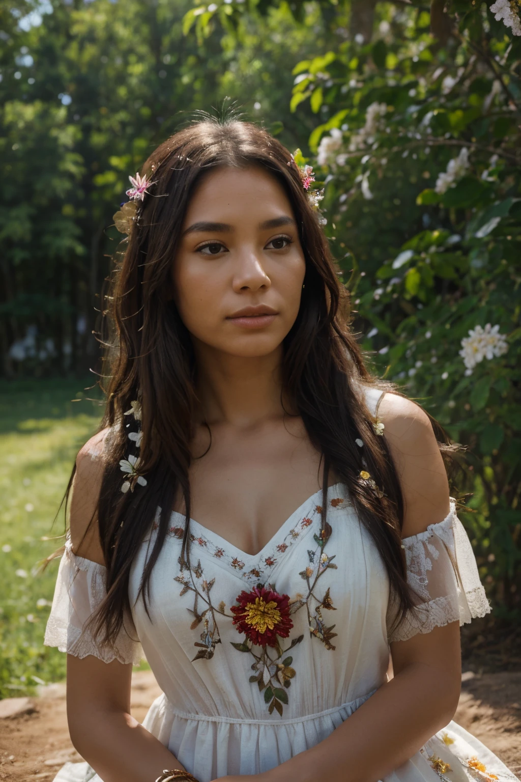 8k, highest quality, ultra details, indigenous woman, natural outdoor setting, flowing dress, adorned with flowers, peaceful and serene expression, harmonious with the earth