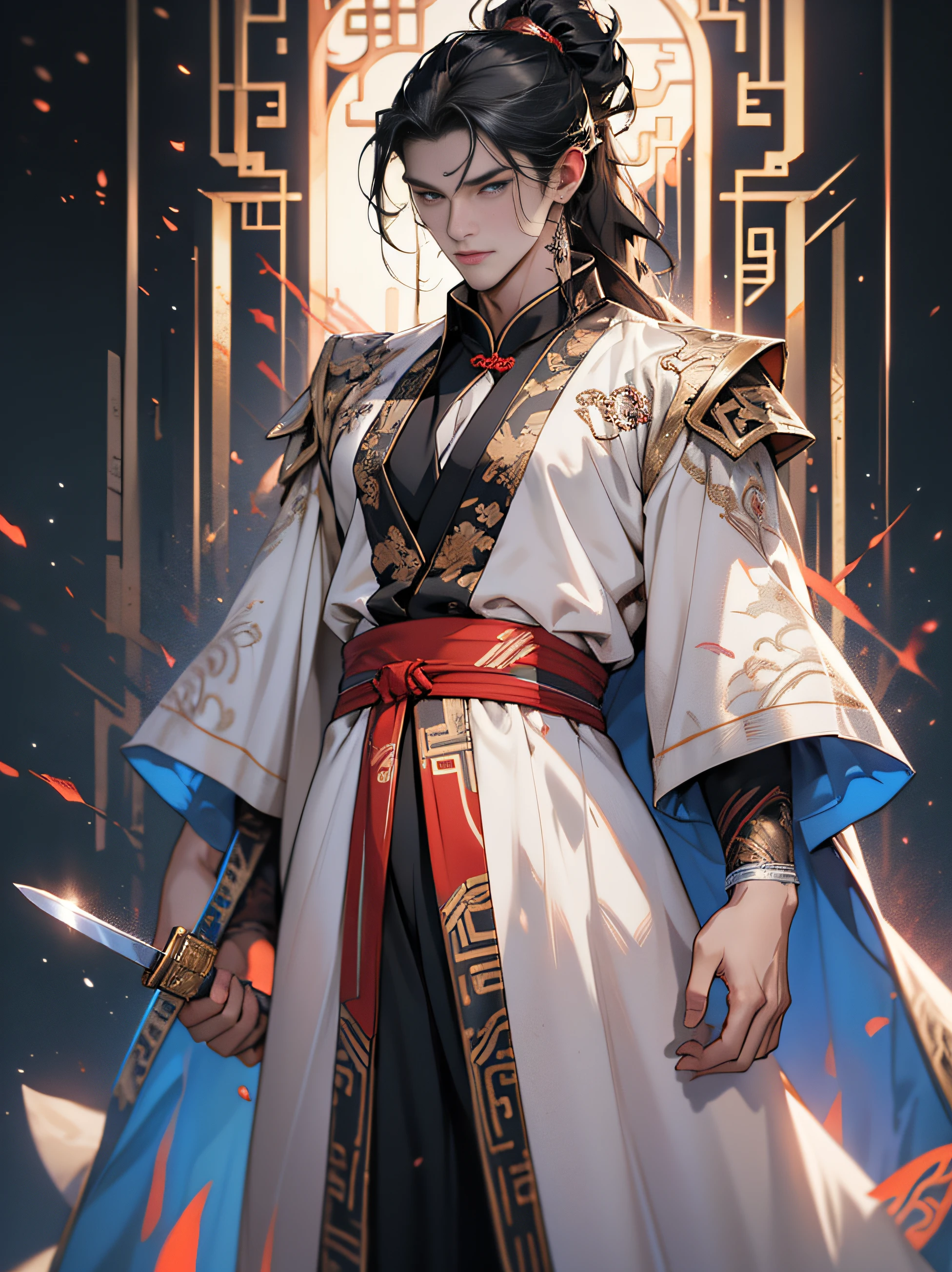 A Chinese man，（Long beard），standing full-body，black fuzz on shoulders，（Whole-body proportions），juvenile sense（Fan in hand）style of anime，（Male Taoist），（Whole-body proportions）The proportions are correct，Face details，（glowing light eyes），Melancholy Look，High ponytail hairstyle，Neck details，Gold pattern，Fine details，long white robe，White and red robes，clothes details，surrender，longer sleeves，Game quality，sword fight，Light and shadow tracking，Ray traching，Detailed luminescence，cg render，hair detail，（Long black hair），blue colored eyes，Handsome，Handsome，（Middle age），Clothing is complicated，Perfectcomposition，Refinement，high high quality，More detailed，A lot of detail，The background is complex，a sense of atmosphere，solid black background，high high quality