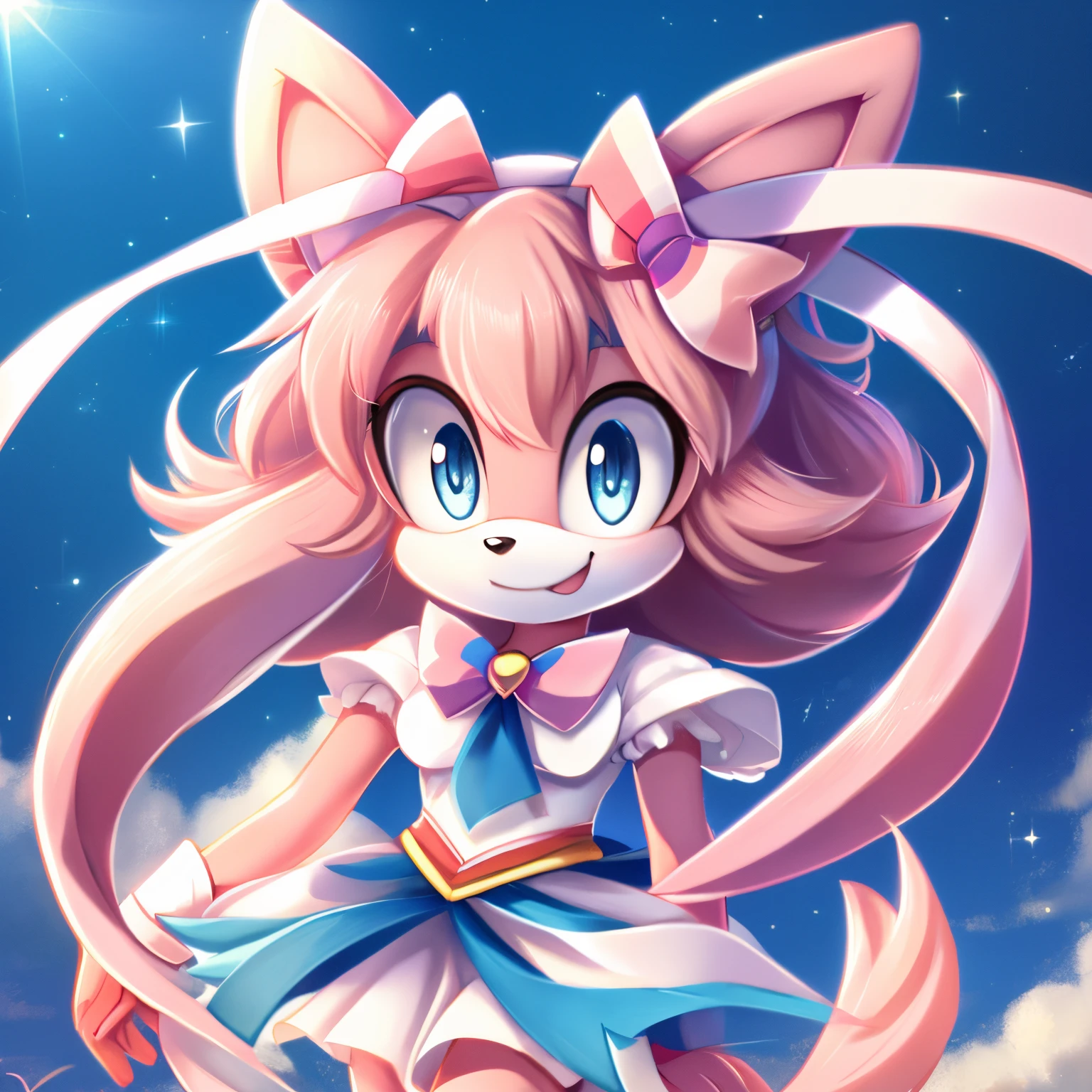 Female, mobian, Sylveon, light blue eyes, furry, happy expression, sailor moon/sailor scout like outfit, fuzzy hair, white muzzle, white and pink fur