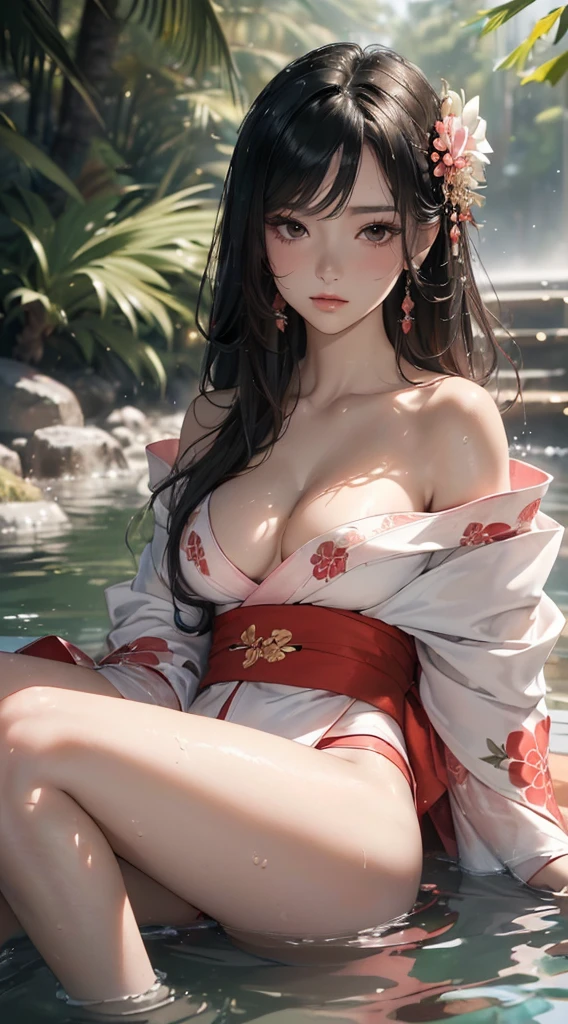 (((8k wallpaper of extremely detailed CG unit, masterpiece, 超A high resolution:1.2, top-quality:1.2, masutepiece))), ((extremely beautiful lady, Immersion in water, lying back, sad Facial expression, extra detailed face, Highly detailed black eyes, extra detailed body, Top quality real texture skins, A dark-haired, de pele branca, Small:1.3, sexy white and red kimono:1.2, off shoulders, Light pink eyeshadow, )), ((Exposed cleavage, exposed shoulder, Exposed legs)), hyper realisitic, digitial painting,