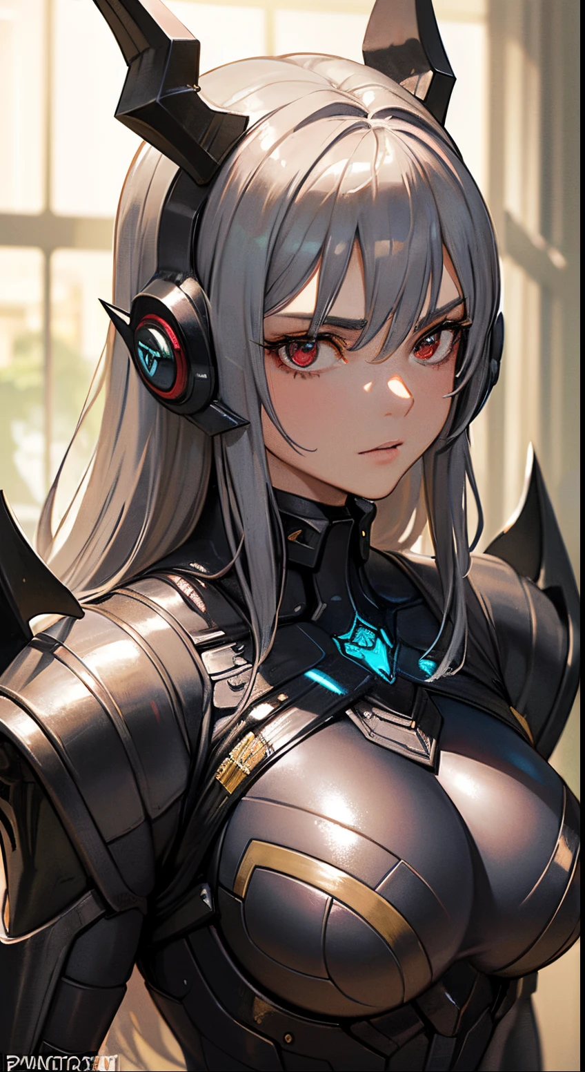 (young boy, long gray hair, red eyes), (The Iron Mantle of Cybertron:1.1), (open torso, iron horns), (Masterpiece, high quality), (vivid colors, sharp focus), (realistic, photo-realistic:1.37), (HDR, studio lighting), (ultra-detailed, extreme detail description), (portraits, concept artists), youthful, futuristic inspiration, striking appearance, intricate design, stoic expression, strong presence,metallic texture, energetic pose, eye-catching composition, powerful and dynamic, immersive atmosphere, majestic and awe-inspiring, seamless integration of organic and mechanical elements, industrial aesthetic, unique character design, mesmerizing visual impact, the blend of strength and vulnerability, impressive craftsmanship