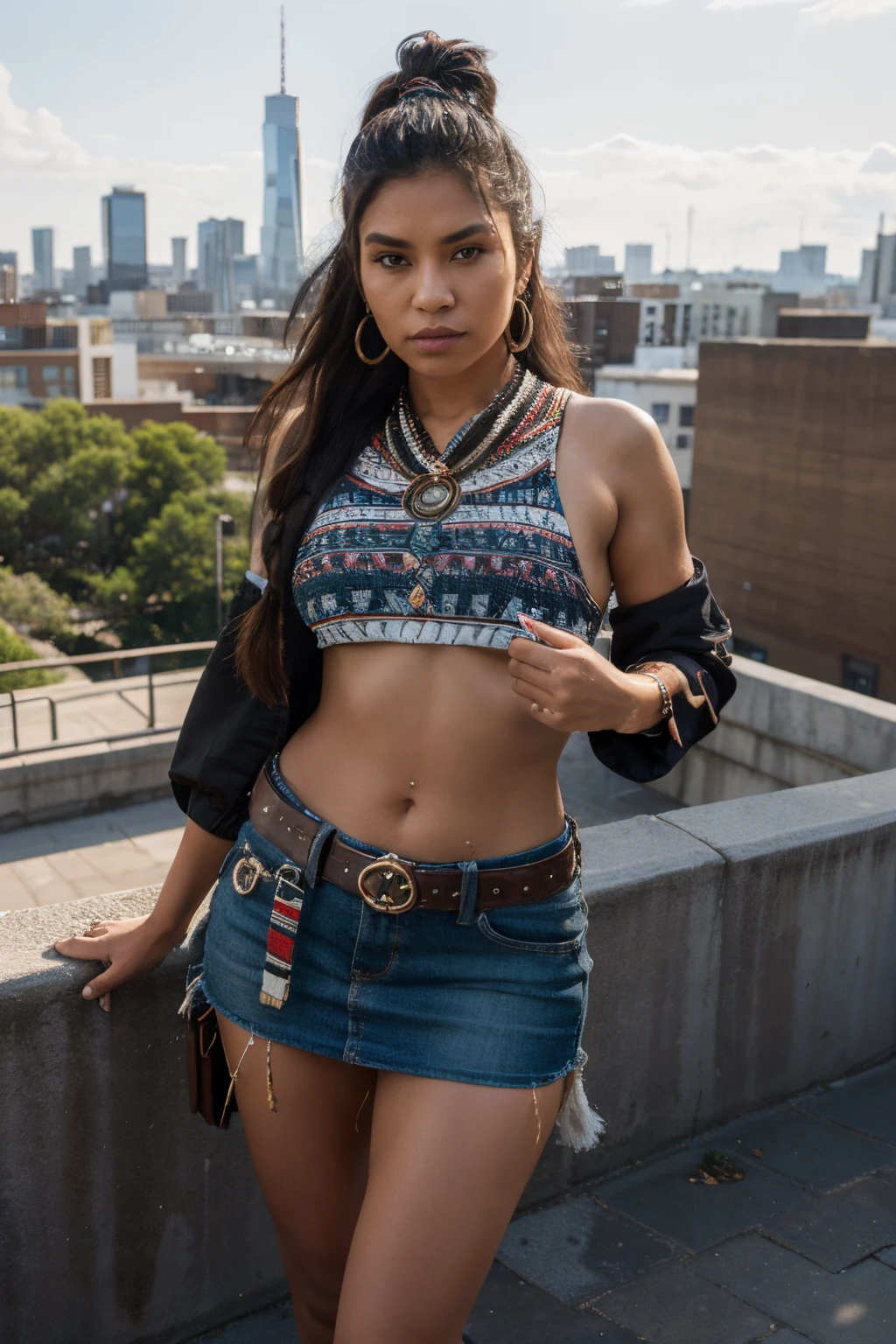 8k, highest quality, ultra details, indigenous woman, urban cityscape, modern fusion of traditional and contemporary fashion, confident and empowered stance, bridging the past and the present