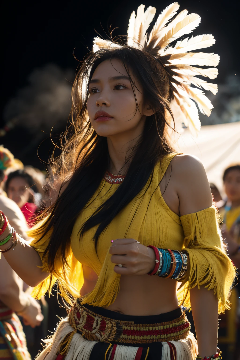 8k, highest quality, ultra details, indigenous woman, community gathering, vibrant cultural celebration, dance and music, unity and strength in diversity