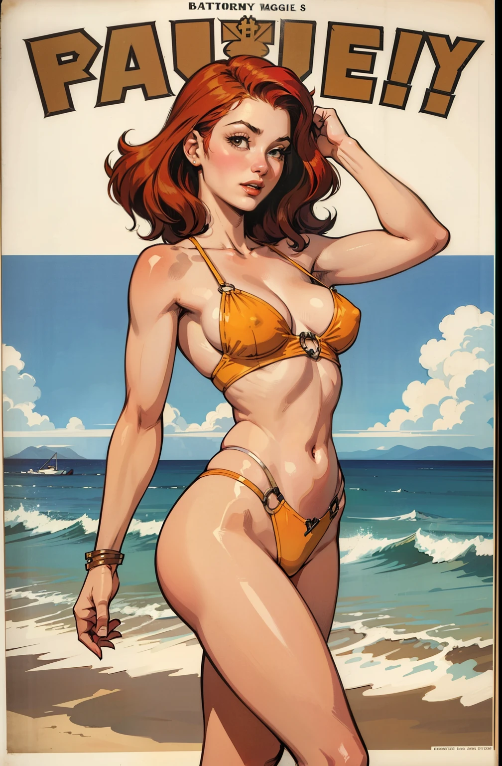 one tiny delicate redhead girl, vintage art style, vintage pinup art style, beach, stand up, happy, sexy, long hair covers her breasts, maquiagem, covering her breasts, Lips are soft or colored, ruiva, cabelo ruivo, vintage GGA, fundo simples, sexy, erotic, vintage fashion, pinup, pin up, stand up, postura ereta, provocante, surprised facial expression, simple lighting and texture, begie background, feet,empowered