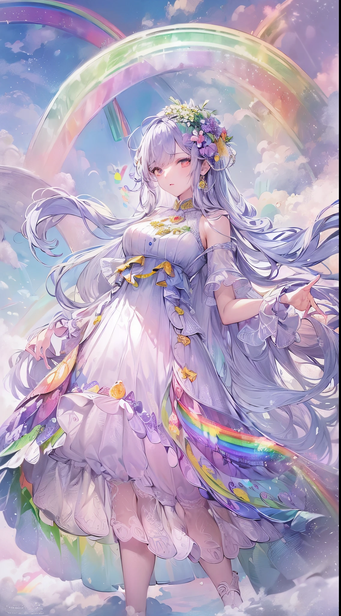 ((Finest quality)),(超A high resolution),(ultra-detailliert),(Meticulous portrayal),((best pictures)),(Finest works of art),Ultra-Precision Art,The art of astounding depiction,Finely detailed fantasy art:1.5, (1人の女性:1.5),((beautiful rainbow dress:1.5)), Flowing clouds, prisma,