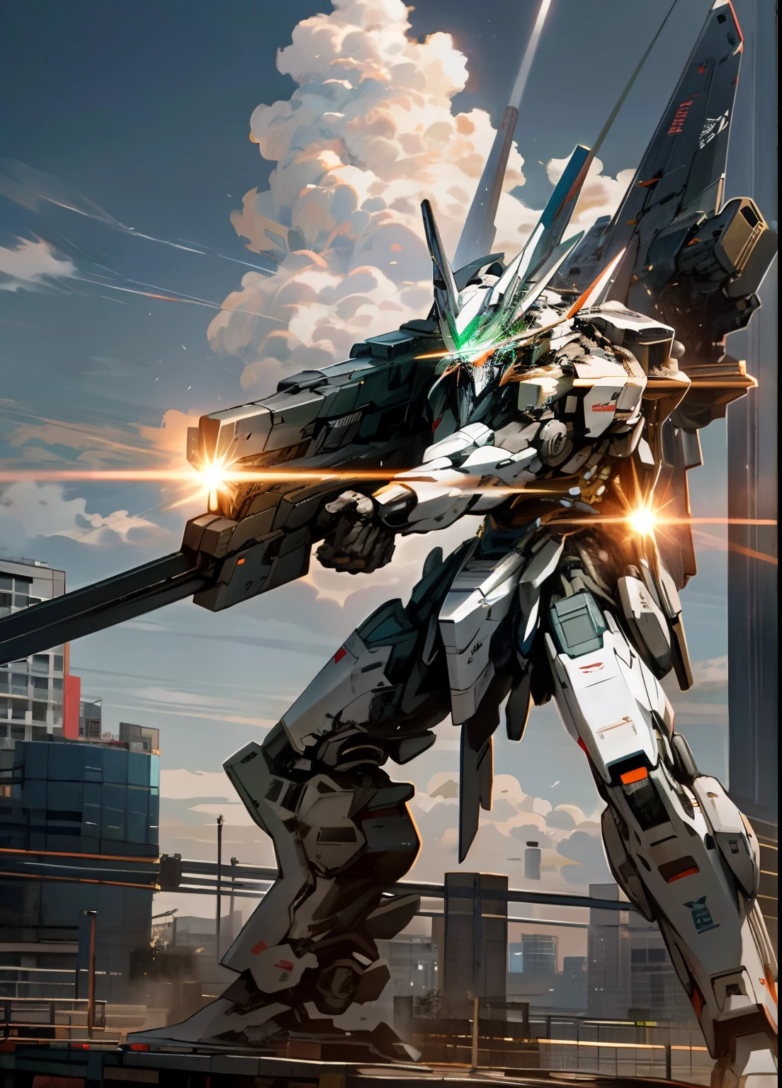 sky, cloud, holding_weapon, glowing, , robot, building, glowing_eyes, mecha, science_fiction, city, realistic,mecha,
shooting missiles