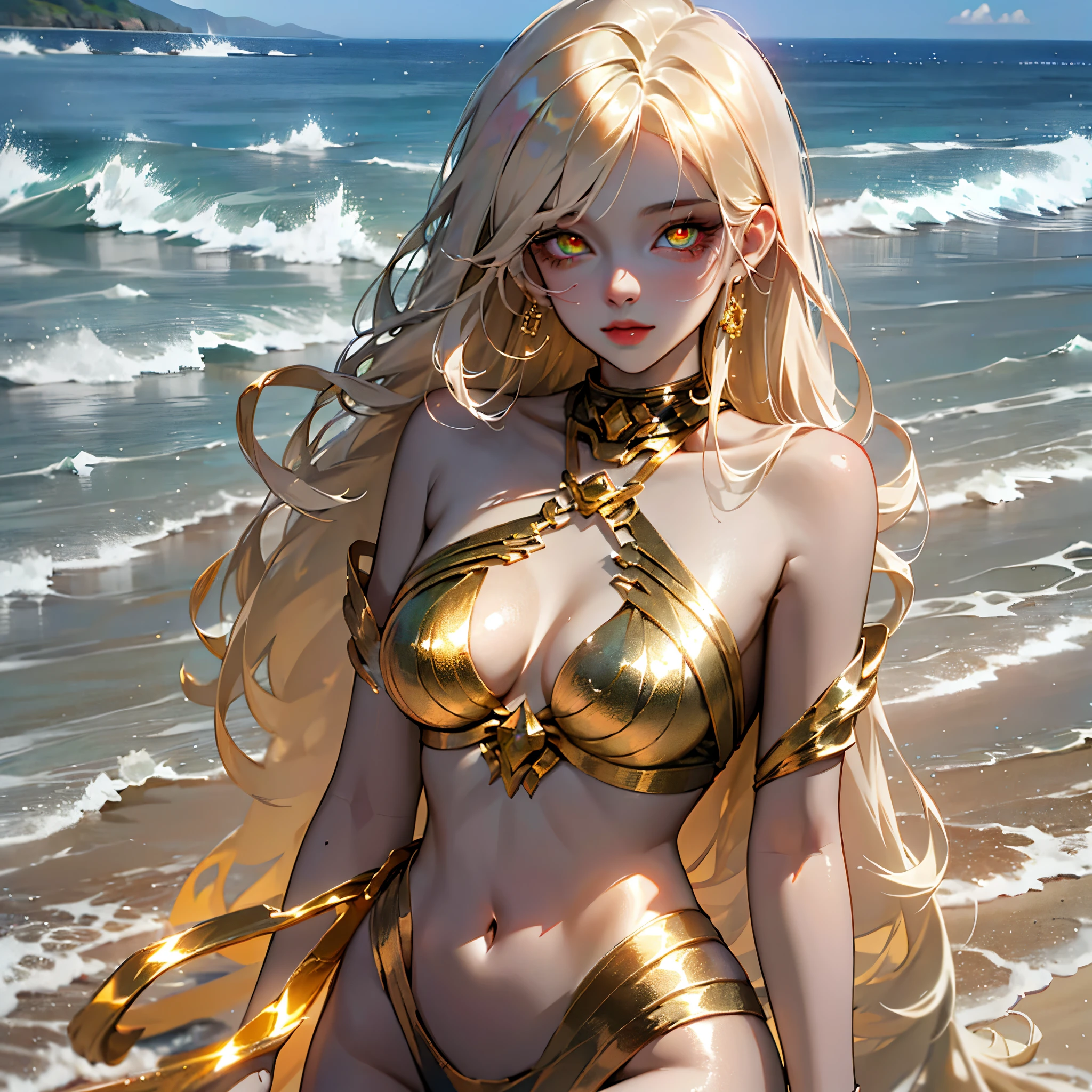 model:majicMIX realistic prompt:ultra-wide-angle, perfecteyes, Perfect breasts, Natural skin,gold thin chain, Textured skin, Perfect face, (Glowing eyes:1.1), Glowing skin, (Perfect hands, Perfect anatomy), A girl walking on the beach, With the ocean as a backdrop. --auto --s2