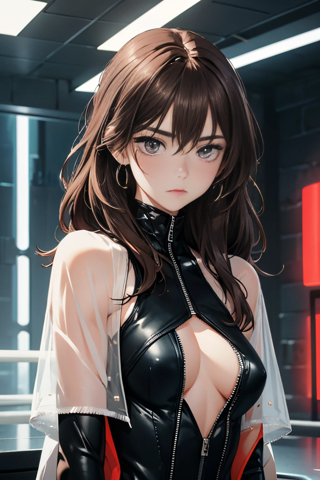 optimum，tmasterpiece，hight resolution，best qualtiy，hyper HD，super detailing，awardwinning，16 K，独奏，（The upper part of the body），anatomy correct，Beautiful cyberpunk girl，cute  face，，Brown hair、Longhaire、Twin-tailed、Hairline，（（scarlet eyes）），long eyelasher，Hanging eye corners，White skin of the，(I can see my ), Sheer breasts, (I can see my ), Sheer breasts, radiant eyes、Rocket Tits, （small tit），（Slim body），（（Women's Super Short Shawl Leather Jacket）），（（bikesuit）），Ear studs，（neck rings），（Laser material clothing：1.2）