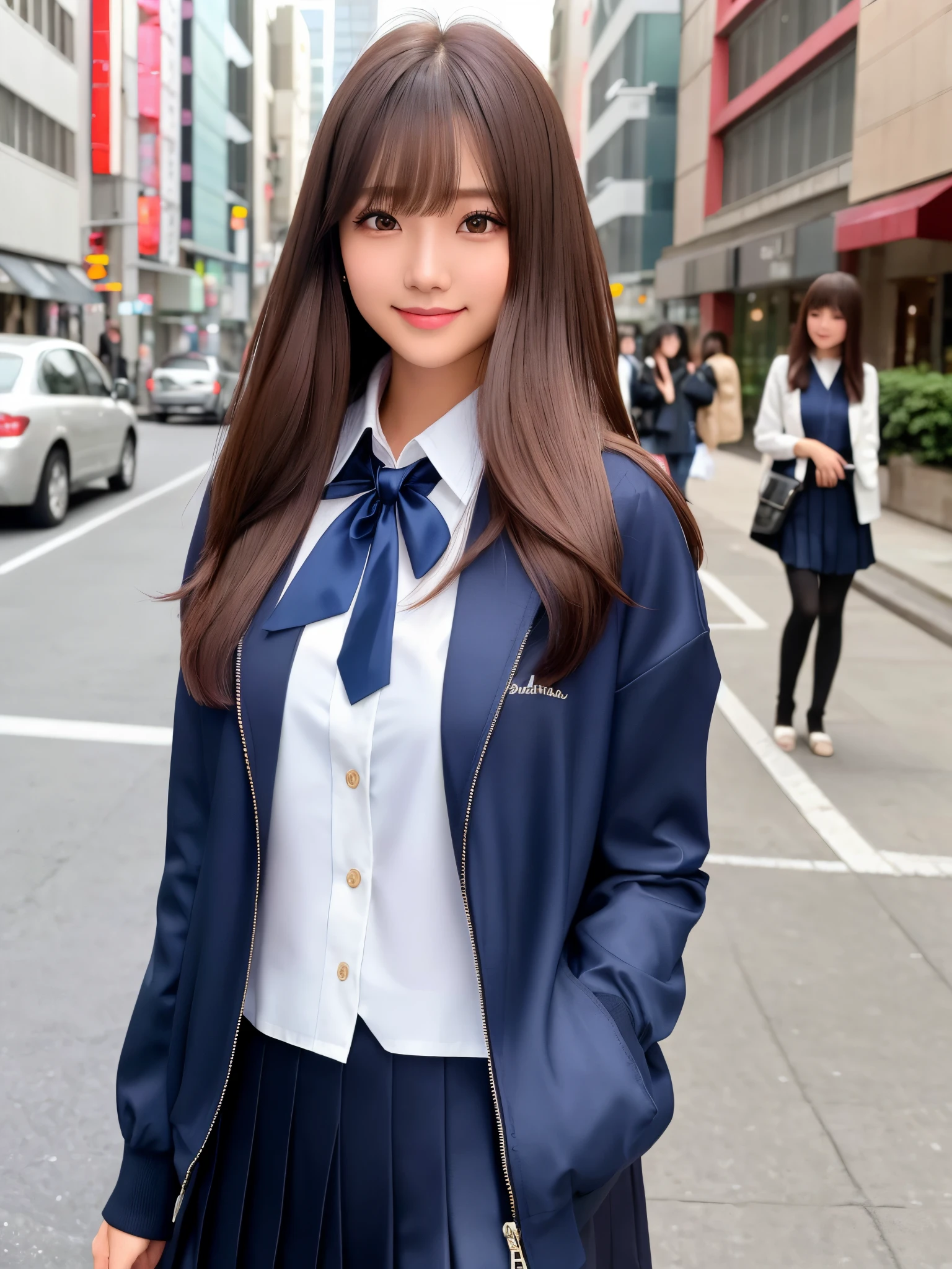 product quality, 1girl, upper body shot, front view, a Japanese young pretty woman, long bob hair, walking with a big smile on a crowded sidewalk in the city, a school bag over her shoulder, glamorous figure, wearing a dark blue jacket over a white collared shirt with shiny satin dark blue plain long tie, wearing a dark blue pleated skirt, hyper cute face, glossy lips, double eyelids in both eyes, natural makeup, long eyelashes, shiny smooth light brown long bob hair, asymmetrical bangs, a tanned skin, central image, high resolution, high detail, detailed hairstyle, detailed face, spectacular cinematic lighting, octane rendering, vibrant, hyper realistic, perfect limbs, perfect anatomy