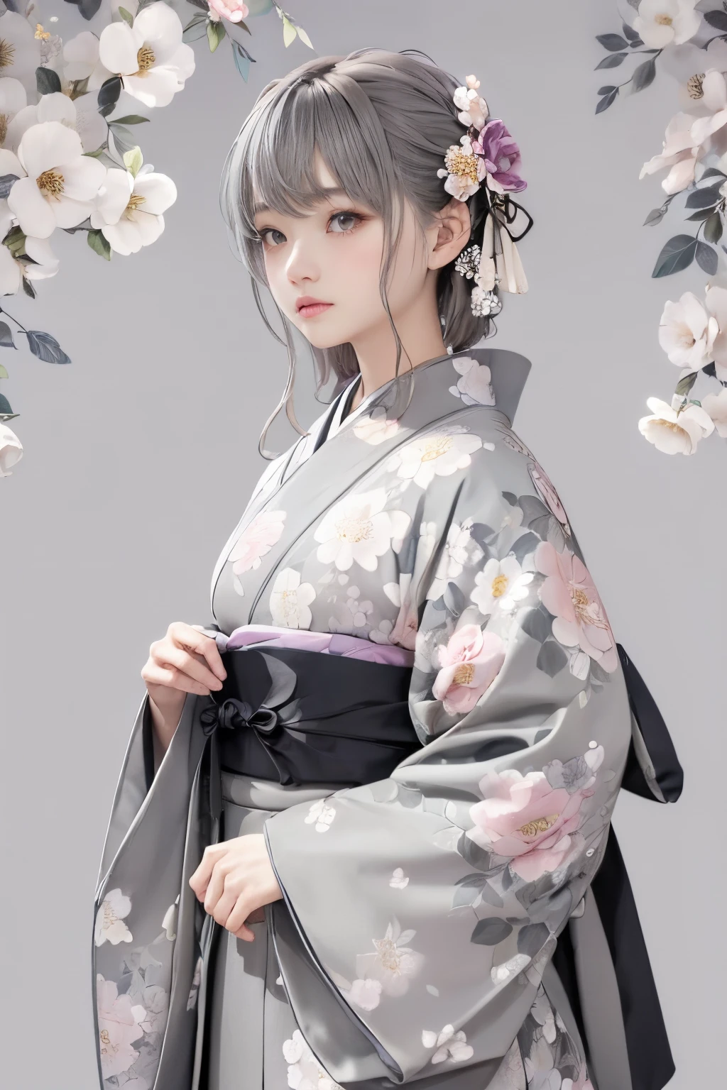 (((gray floral background:1.3)))、Best Quality, masutepiece, High resolution, (((1girl in))), sixteen years old,(((Eyes are gray:1.3)))、Gray kimono、((beautiful gray kimono)), Tindall Effect, Realistic, Shadow Studio,Ultramarine Lighting, dual-tone lighting, (High Detail Skins: 1.2)、Pale colored lighting、Dark lighting、 Digital SLR, Photo, High resolution, 4K, 8K, Background blur,Fade out beautifully、gray flower world