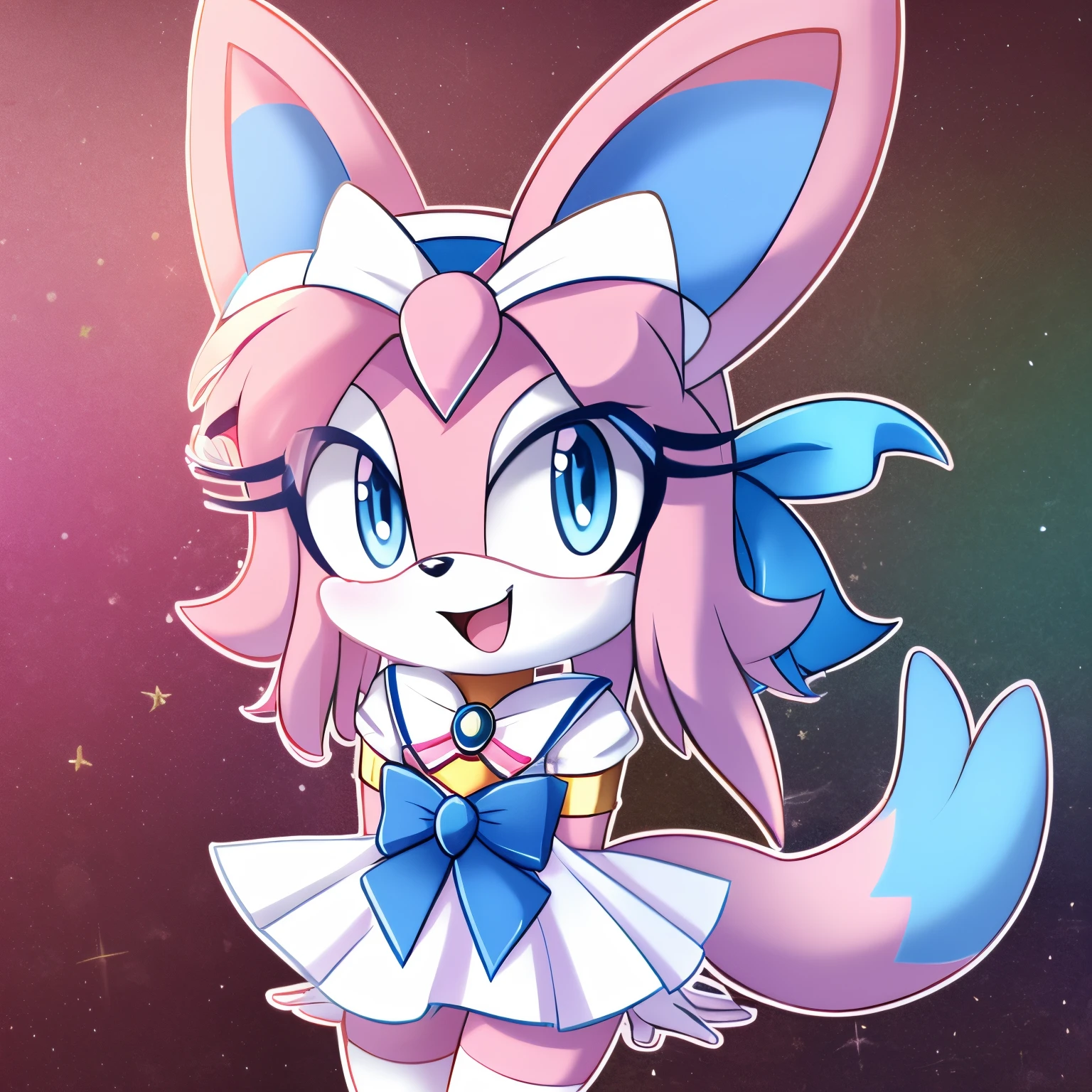 Female, mobian, Sylveon, light blue eyes, furry, happy expression, sailor moon/sailor scout like outfit, fuzzy hair, white muzzle, white and pink fur