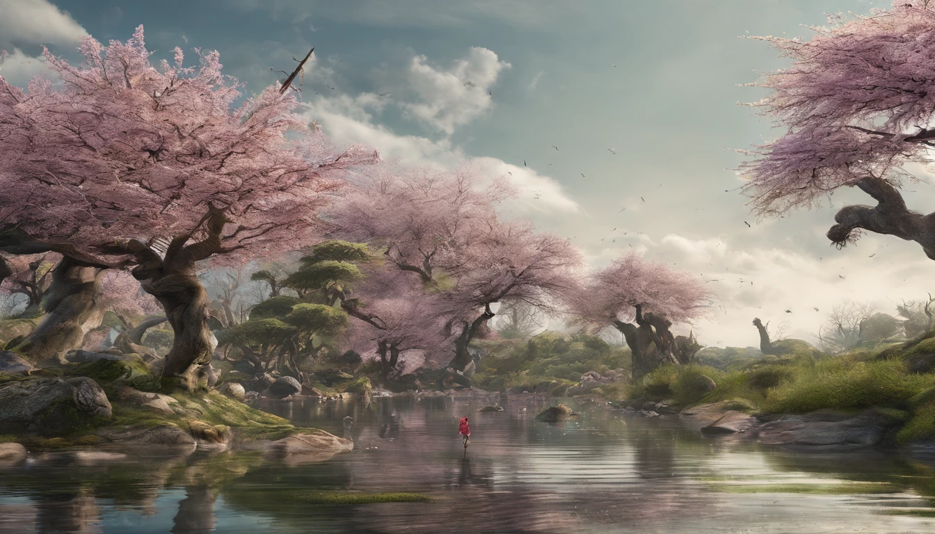 Spring，Spring flowers，melting river，swimming fish，dead tree sprouts，3D，Ultra-high sharpness，超高分辨率，Many elements