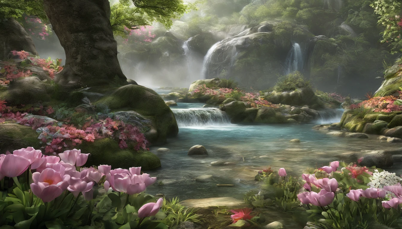 Spring,Spring flowers,melting river,swimming fish,dead tree sprouts,3D,Ultra-high sharpness,超高分辨率,Many elements
