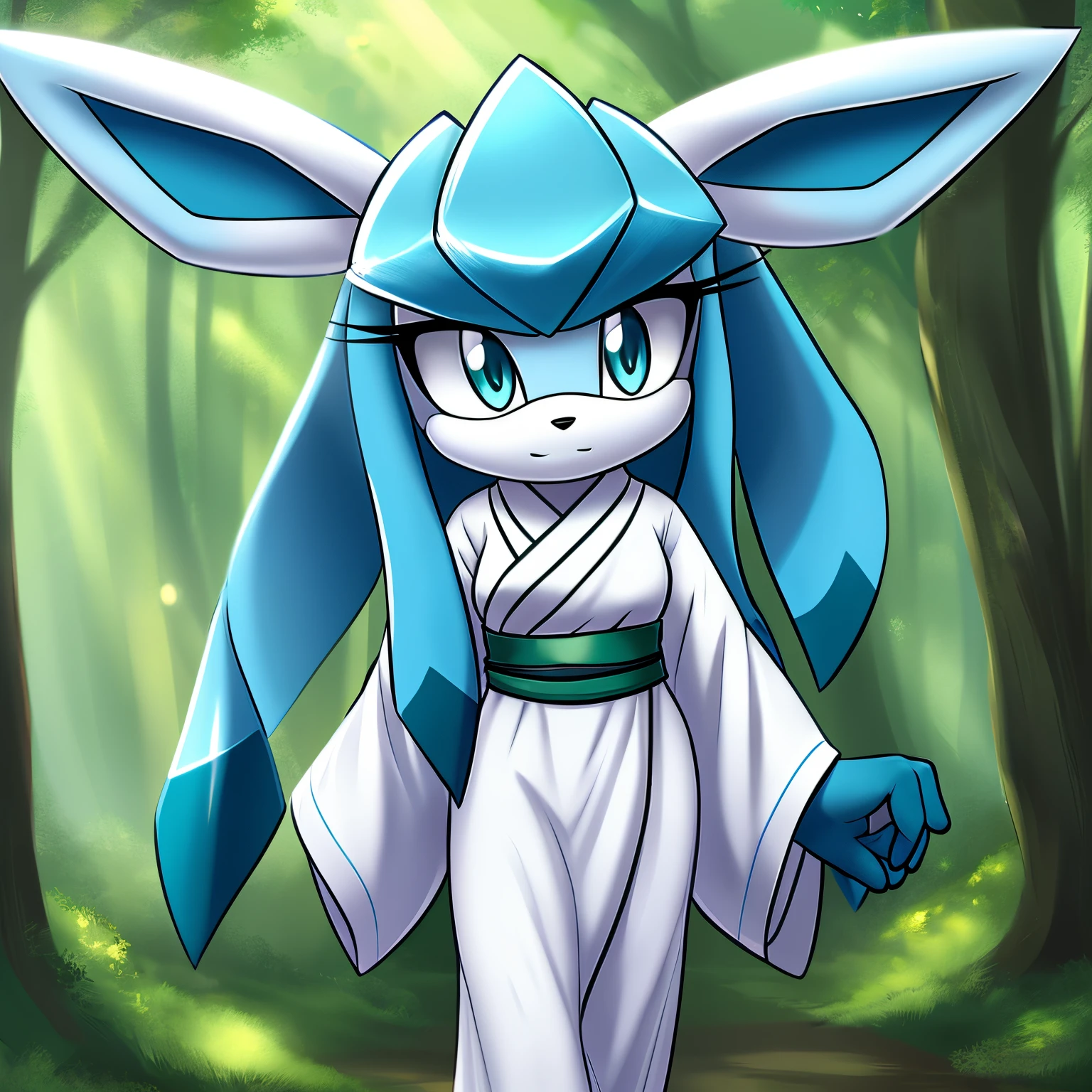 Female, mobian, Glaceon, teal eyes, furry, blank expression, white kimono dress with teal trims, white and teal sash belt, fuzzy hair, whitish light blue muzzle, whitish light blue fur