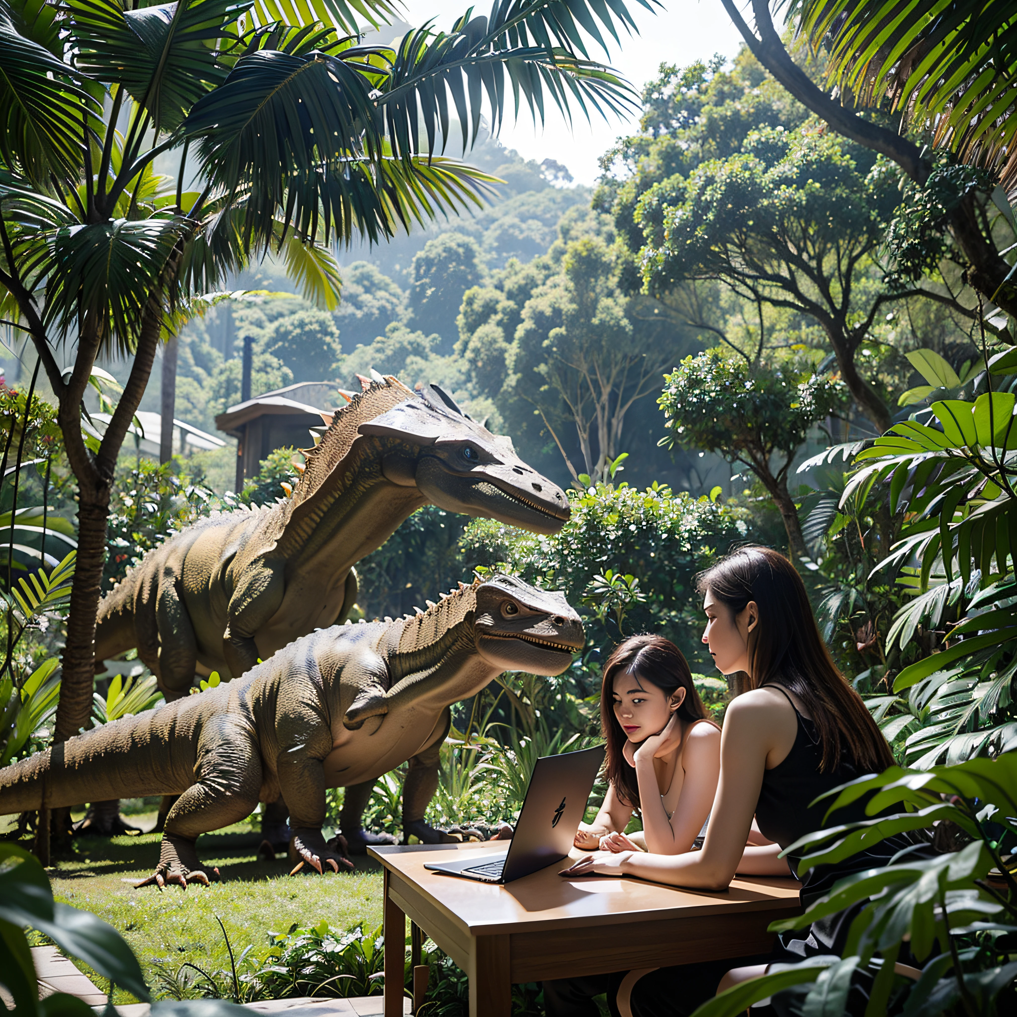 Officeatea's Office project team working on laptops in the jungle, , 8K, Micro Detail, Illustration, instinctive elegance
(((There are multiple dinosaurs behind me.)))