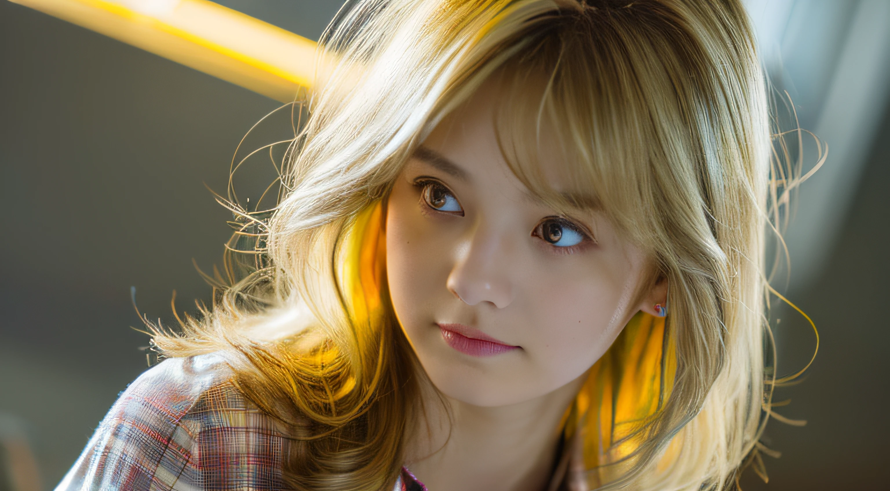 (((1girl in))), ((((Solo)))), ((messy hair style)), Take a photo standing up, (((Reddish-yellow hair)), Red Eyes, Soft blouse