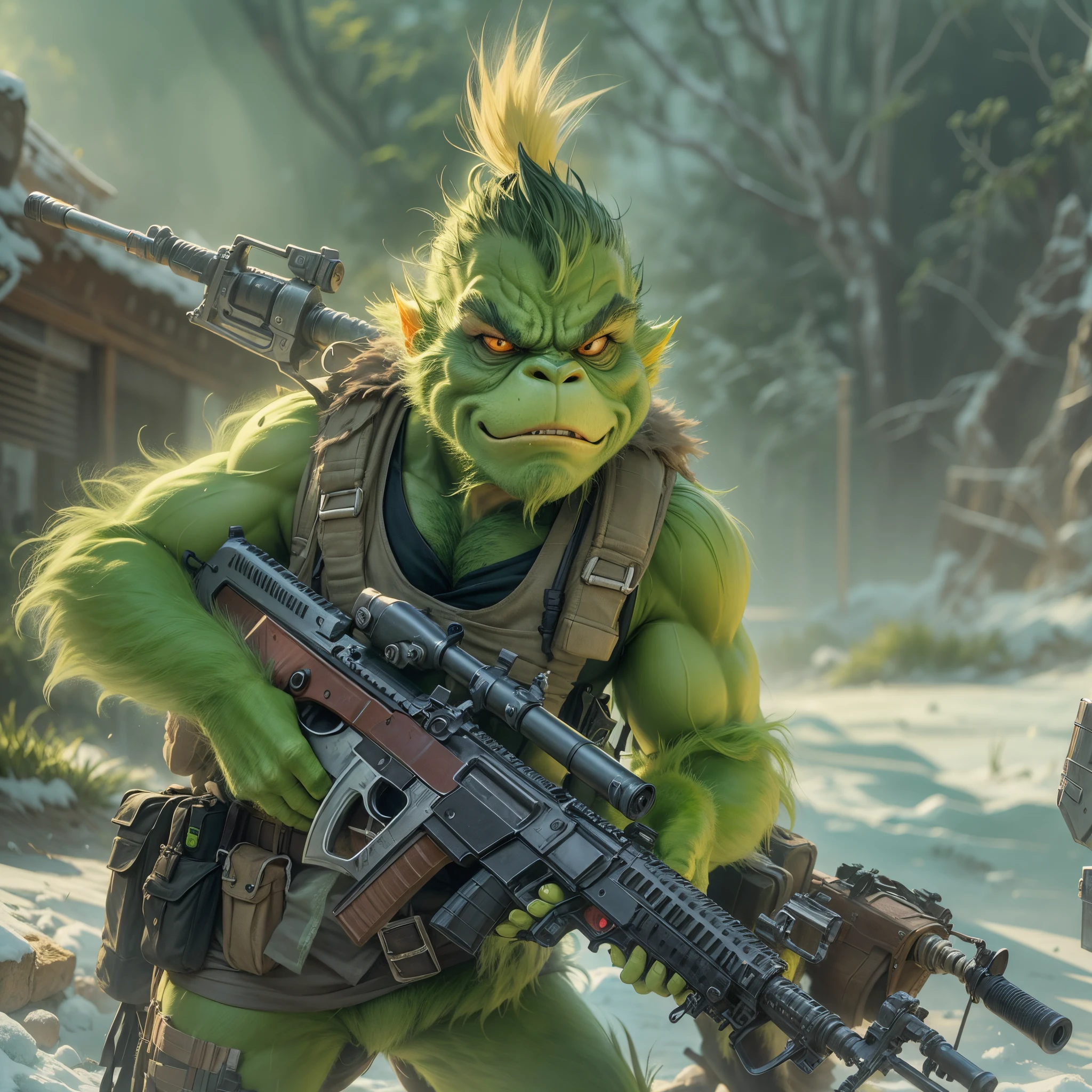 A heavily armed Grinch on the battlefield