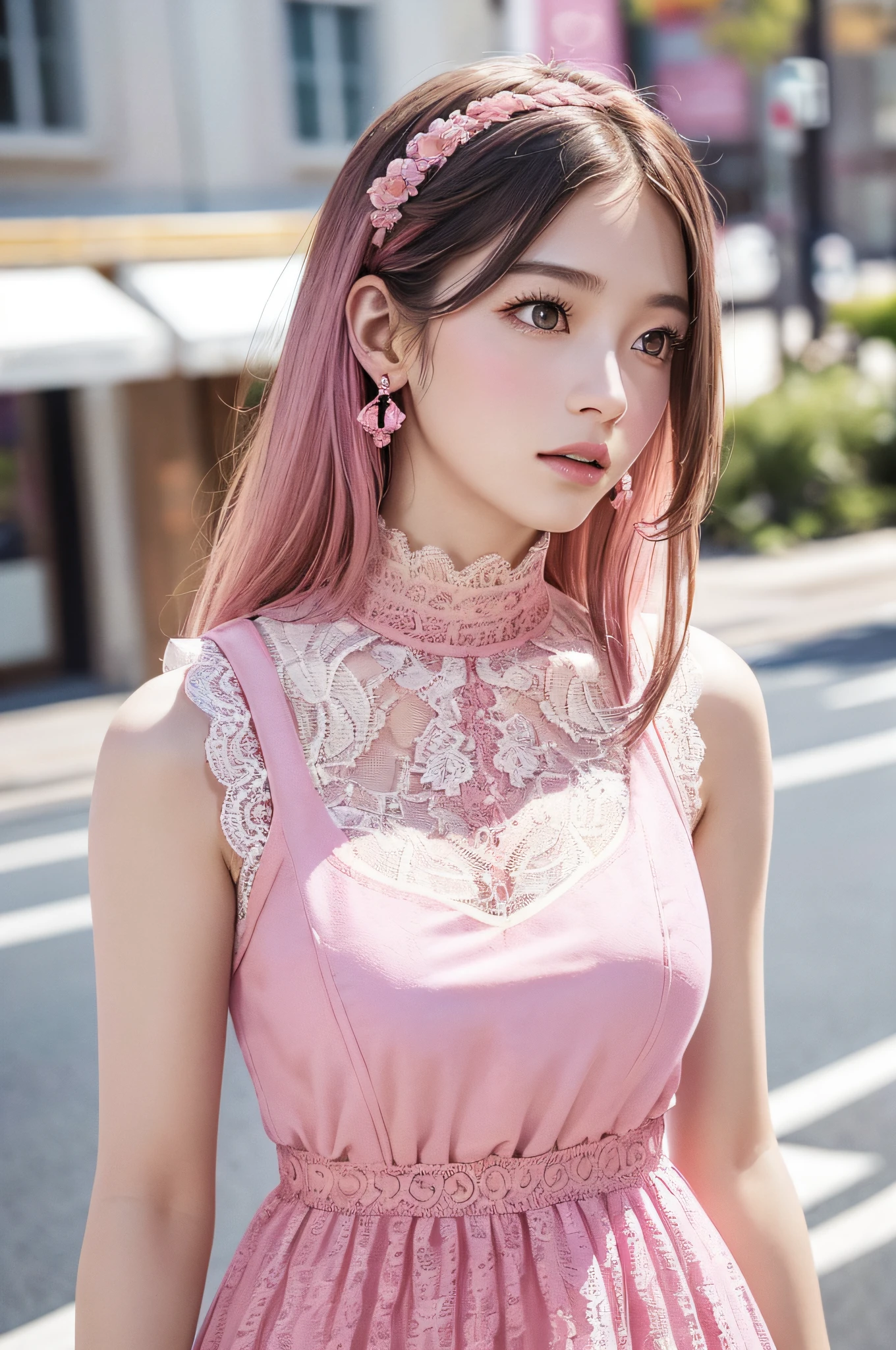 a woman posing on the street corner with pink dress on, best quality, high res, 8k, 1girl, (huge breasts), day, bright, outdoor, (street:0.8), (people, crowds:1), (lace-trimmed dress:1.5, pink clothes:1.5, pink high-neck dress:1.5, sleeveless dress, pink dress: 1.5), gorgeous, (medium hair), beautiful detailed sky, beautiful earrings, (dynamic pose:0.8), (upper body:1.2), soft lighting, wind, shiny skin, looking at viewer,