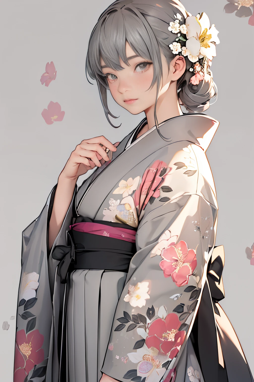 (((gray floral background:1.3)))、Best Quality, masutepiece, High resolution, (((1girl in))), sixteen years old,(((Eyes are gray:1.3)))、Gray kimono、((beautiful gray kimono)), Tindall Effect, Realistic, Shadow Studio,Ultramarine Lighting, dual-tone lighting, (High Detail Skins: 1.2)、Pale colored lighting、Dark lighting、 Digital SLR, Photo, High resolution, 4K, 8K, Background blur,Fade out beautifully、gray flower world
