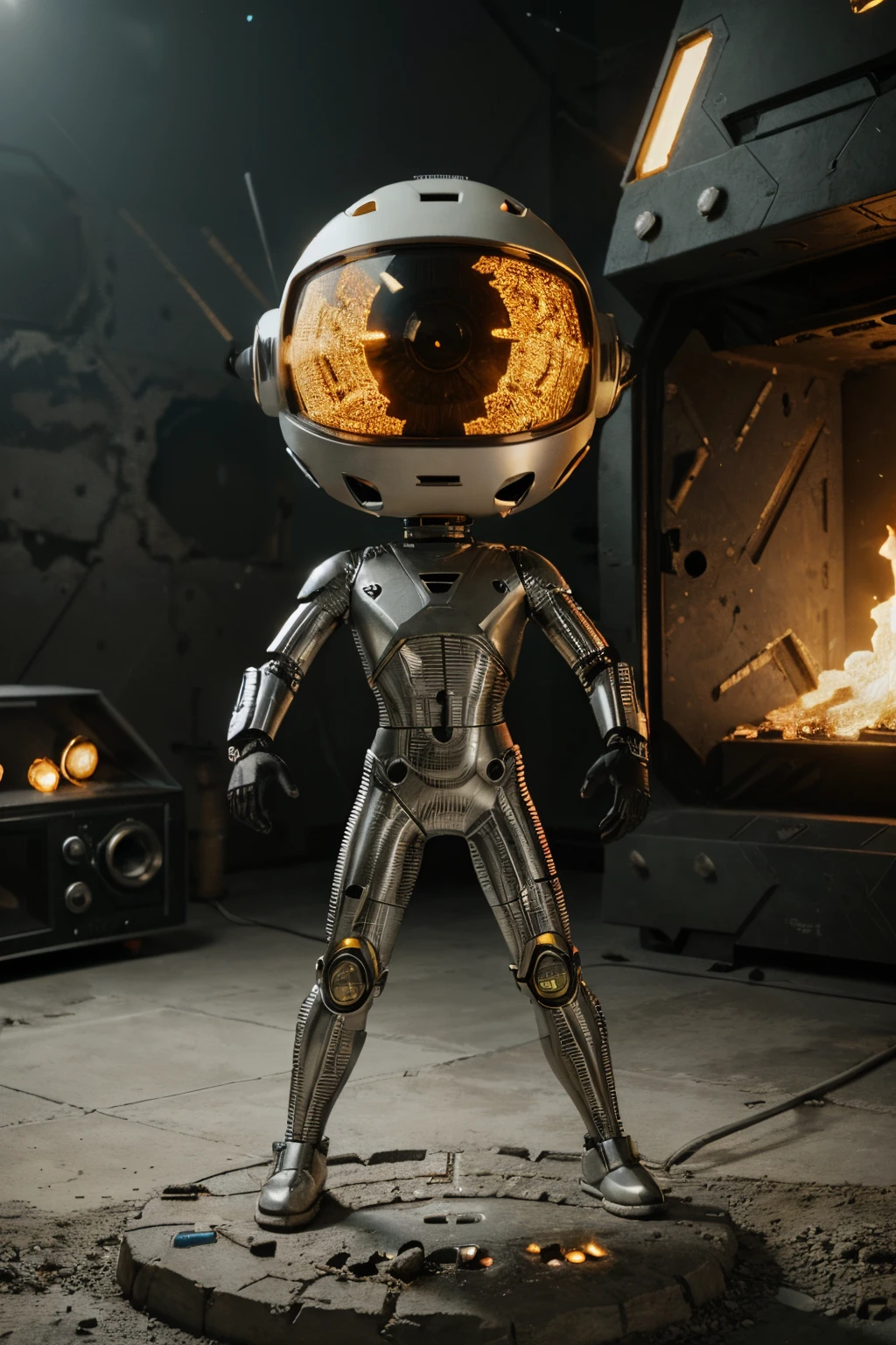A Modern flat toon Crazy whit a Big ONE a Only Eye Robot and helmet Style, tongs in hands, Tv head, pinhead, camouflage Yellow White Rusty, Ambient in a meteorite crater super detailed, center, beautiful, soft lighting, focused on the character, 4K resolution, photorealistic rendering,