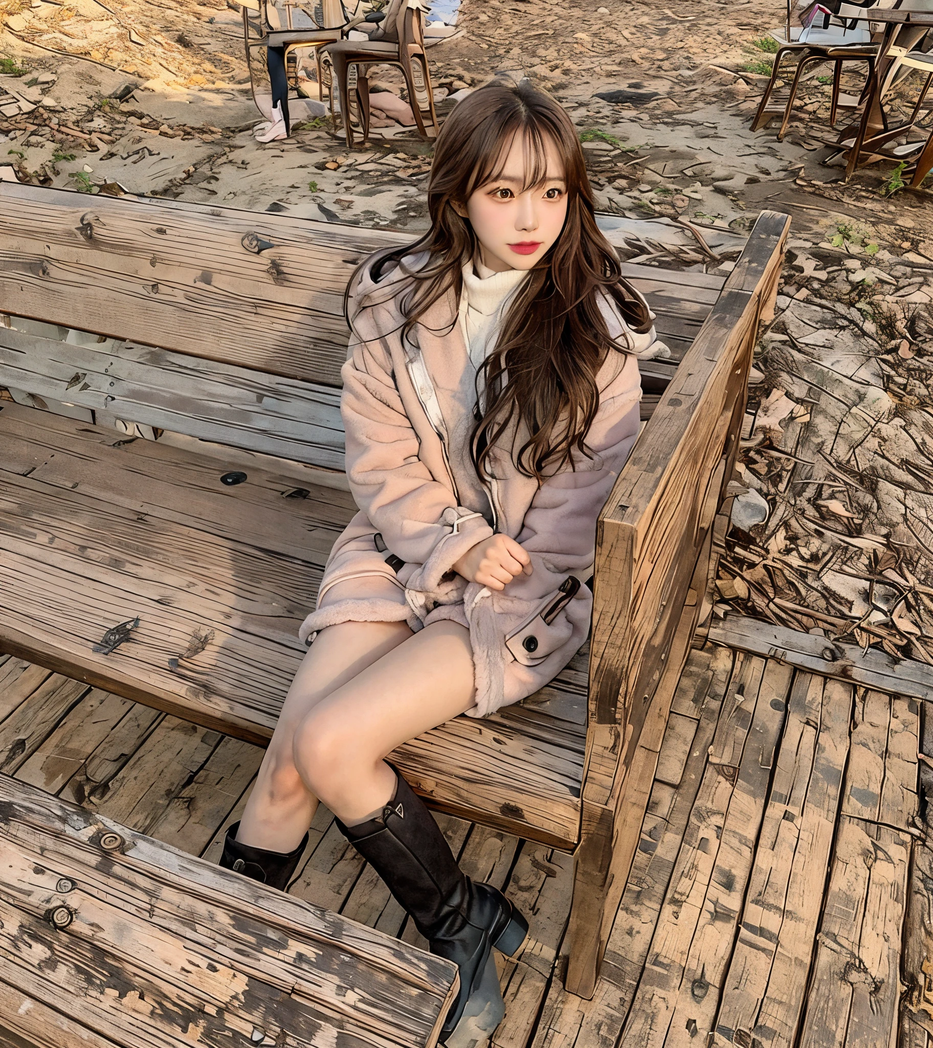 sitting on the bench,Looking somewhere,brown long hair,pink fleece coat,black boots