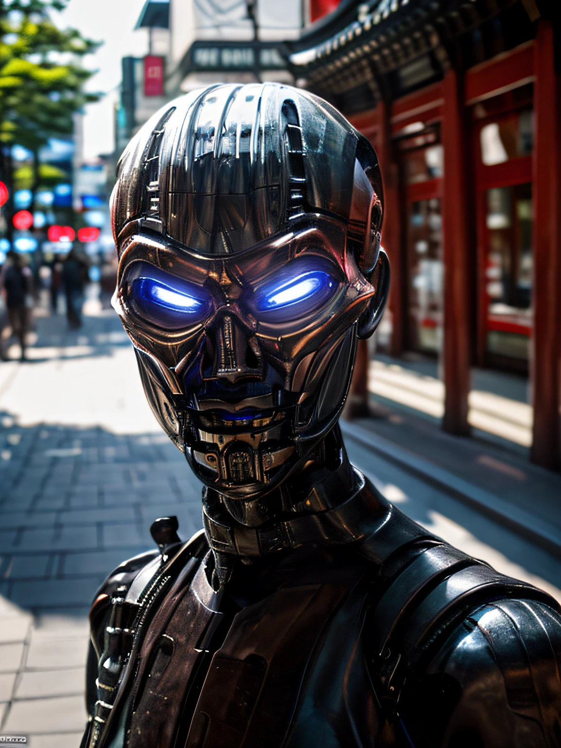 sharp details, photorealistic, TX endoskeleton in seoul street, daytime, cinematic, (T-X Endoskeleton:1.1), detailed TX endoskeleton, ultrarealistic T-X, photorealistic, deep focus, sharp details, ultra realistic, ultra HD, 8K