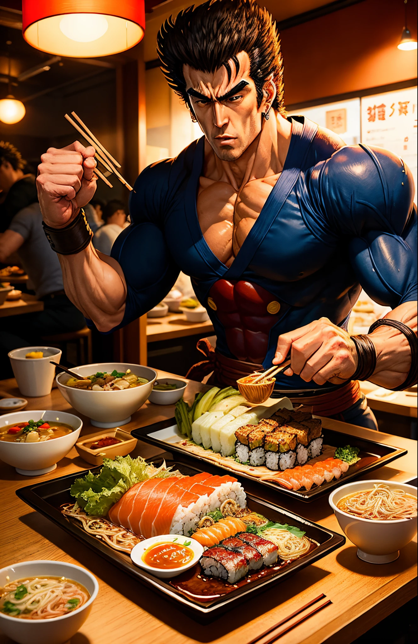 Eat ramen, sushi and hamburgers together、Kenshiro of Fist of the North Star