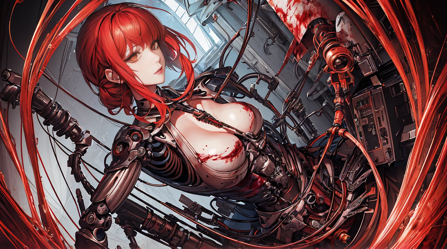 (masterpiece, top quality, best quality, official art, beautiful and aesthetic:1.2), (1girl:1.3), extreme detailed,colorful,highest detailed ((ultra-detailed)), (highly detailed CG illustration), ((an extremely delicate and beautiful)),cinematic light,((1mechanical girl)),solo,full body,real breasts,real ,(machine made joints:1.2),((mechanical limbs)),(blood vessels connected to tubes),(mechanical vertebra attaching to back),((mechanical cervical attaching to neck)),(sexy pose),expressionless,(wires and cables attaching to neck:1.2),(wires and cables on head:1.2)(character focus),science fiction,creepy lab background,(blood:1.5), red hair