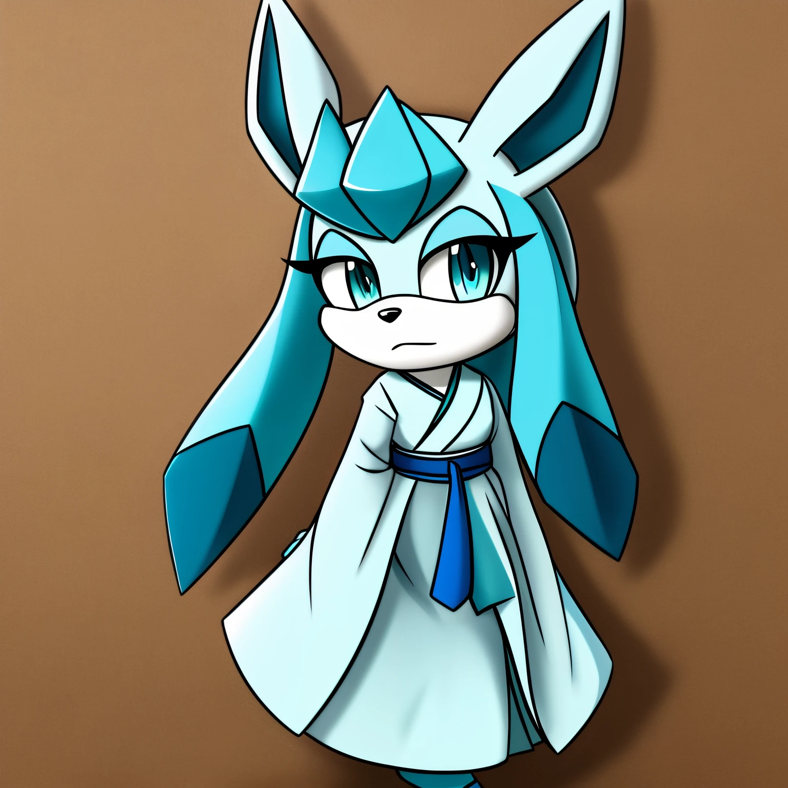 Female, mobian, Glaceon, teal eyes, furry, blank expression, white kimono dress with teal trims, white and teal sash belt, fuzzy hair, whitish light blue muzzle, whitish light blue fur