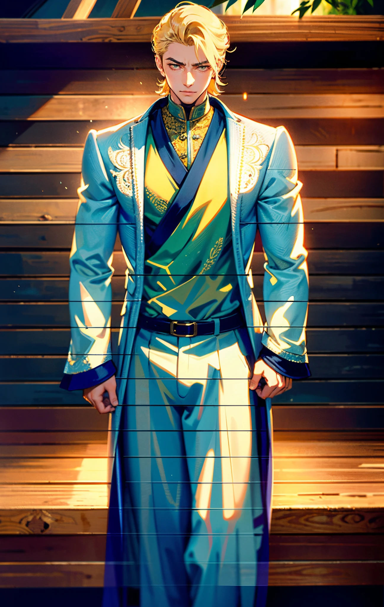 A man, short golden hair styled in an upward fashion, a tuft of hair bangs, a melancholic expression, sharp gaze, a playful smile, a two-piece fantasy-style Chinese outfit, a complexly layered white undershirt, a loose-knit outer coat, a yellow silk belt, coarse cloth trousers, the backdrop showcases a wooden house set in a bamboo forest, creating a refreshing and dreamy atmosphere, this character embodies a finely crafted fantasy-style wise in anime style, characterized by an exquisite and mature manga illustration art style, high definition, best quality, highres, ultra-detailed, ultra-fine painting, extremely delicate, professional, anatomically correct, symmetrical face, extremely detailed eyes and face, high quality eyes, creativity, RAW photo, UHD, 8k, Natural light, cinematic lighting, masterpiece-anatomy-perfect, masterpiece:1.5
