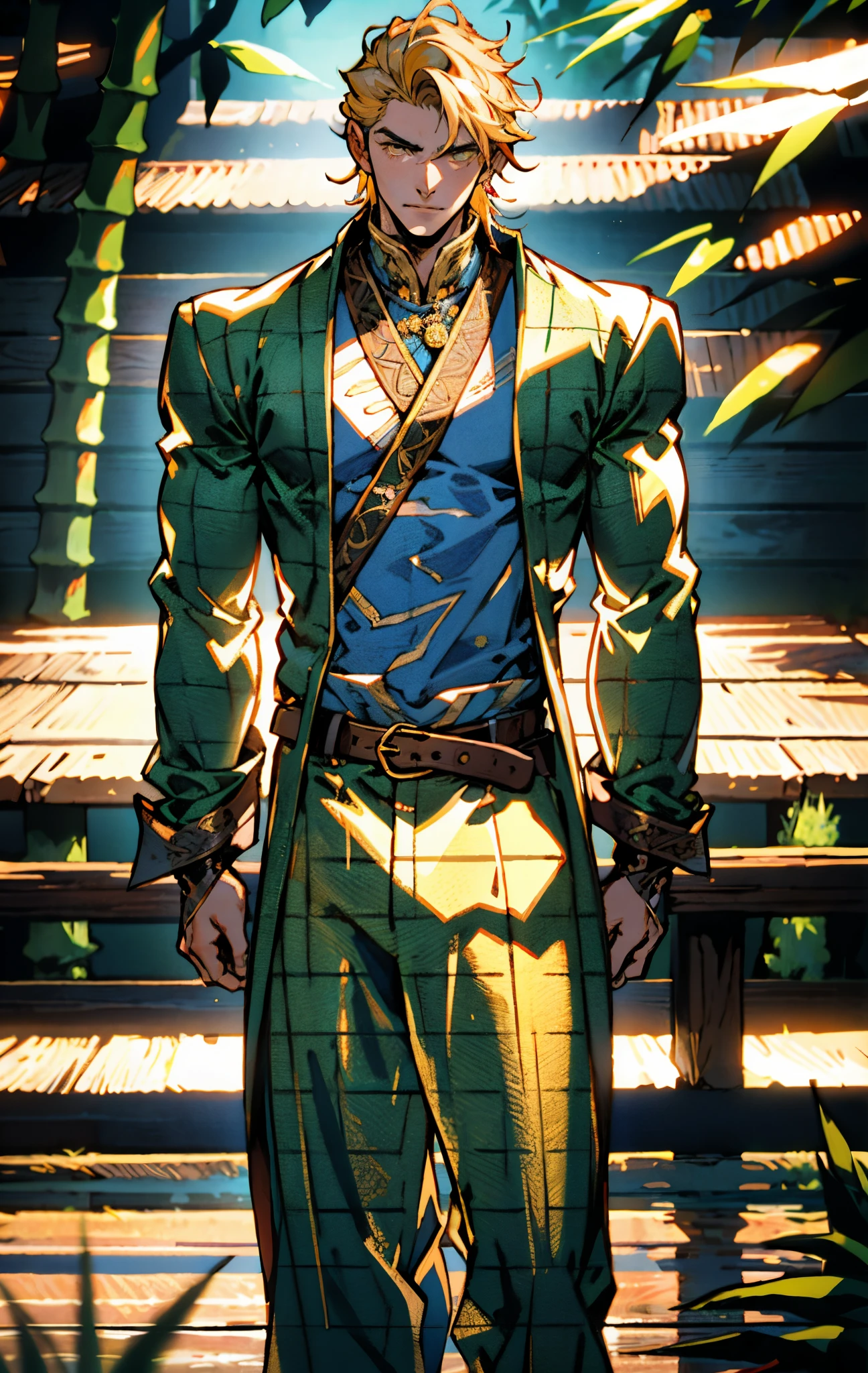 A man, short golden hair styled in an upward fashion, a tuft of hair bangs, a melancholic expression, sharp gaze, a playful smile, a two-piece fantasy-style Chinese outfit, a complexly layered white undershirt, a loose-knit outer coat, a yellow silk belt, coarse cloth trousers, the backdrop showcases a wooden house set in a bamboo forest, creating a refreshing and dreamy atmosphere, this character embodies a finely crafted fantasy-style wise in anime style, characterized by an exquisite and mature manga illustration art style, high definition, best quality, highres, ultra-detailed, ultra-fine painting, extremely delicate, professional, anatomically correct, symmetrical face, extremely detailed eyes and face, high quality eyes, creativity, RAW photo, UHD, 8k, Natural light, cinematic lighting, masterpiece-anatomy-perfect, masterpiece:1.5