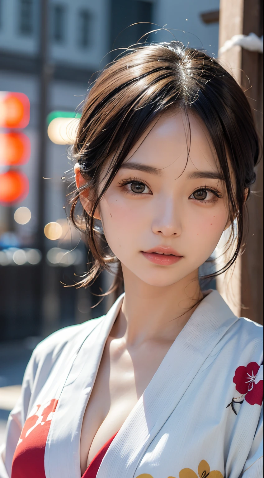 (masutepiece, Best Quality:1.4), Beautiful face, 8K, 85 mm, absurderes, (japanese kimono:1.4), The upper part of the body, cleavage of the breast、Facing the camera、 violaceaess, gardeniass, Delicate girl, Solo, knight, Looking at Viewer, Upper body, Film grain, chromatic abberation, Sharp Focus, face lights, Professional Lighting, Sophisticated, (Smile:0.4), cleavage, (Simple background, Bokeh background:1.2), Detail Face、Snow piled up、snowscape