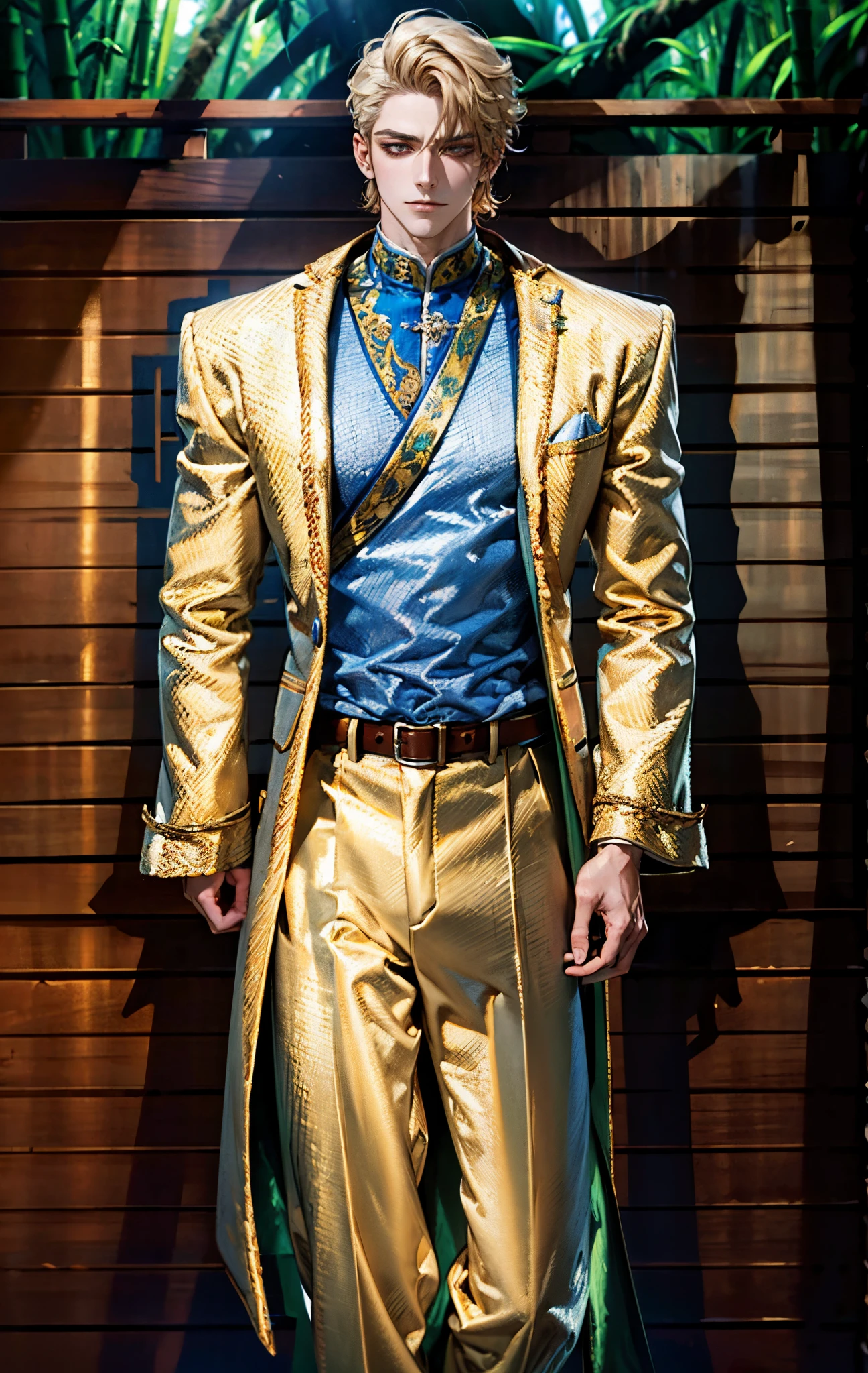 A man, short golden hair styled in an upward fashion, a tuft of hair bangs, a melancholic expression, sharp gaze, a playful smile, a two-piece fantasy-style Chinese outfit, a complexly layered white undershirt, a loose-knit outer coat, a yellow silk belt, coarse cloth trousers, the backdrop showcases a wooden house set in a bamboo forest, creating a refreshing and dreamy atmosphere, this character embodies a finely crafted fantasy-style wise in anime style, characterized by an exquisite and mature manga illustration art style, high definition, best quality, highres, ultra-detailed, ultra-fine painting, extremely delicate, professional, anatomically correct, symmetrical face, extremely detailed eyes and face, high quality eyes, creativity, RAW photo, UHD, 8k, Natural light, cinematic lighting, masterpiece-anatomy-perfect, masterpiece:1.5